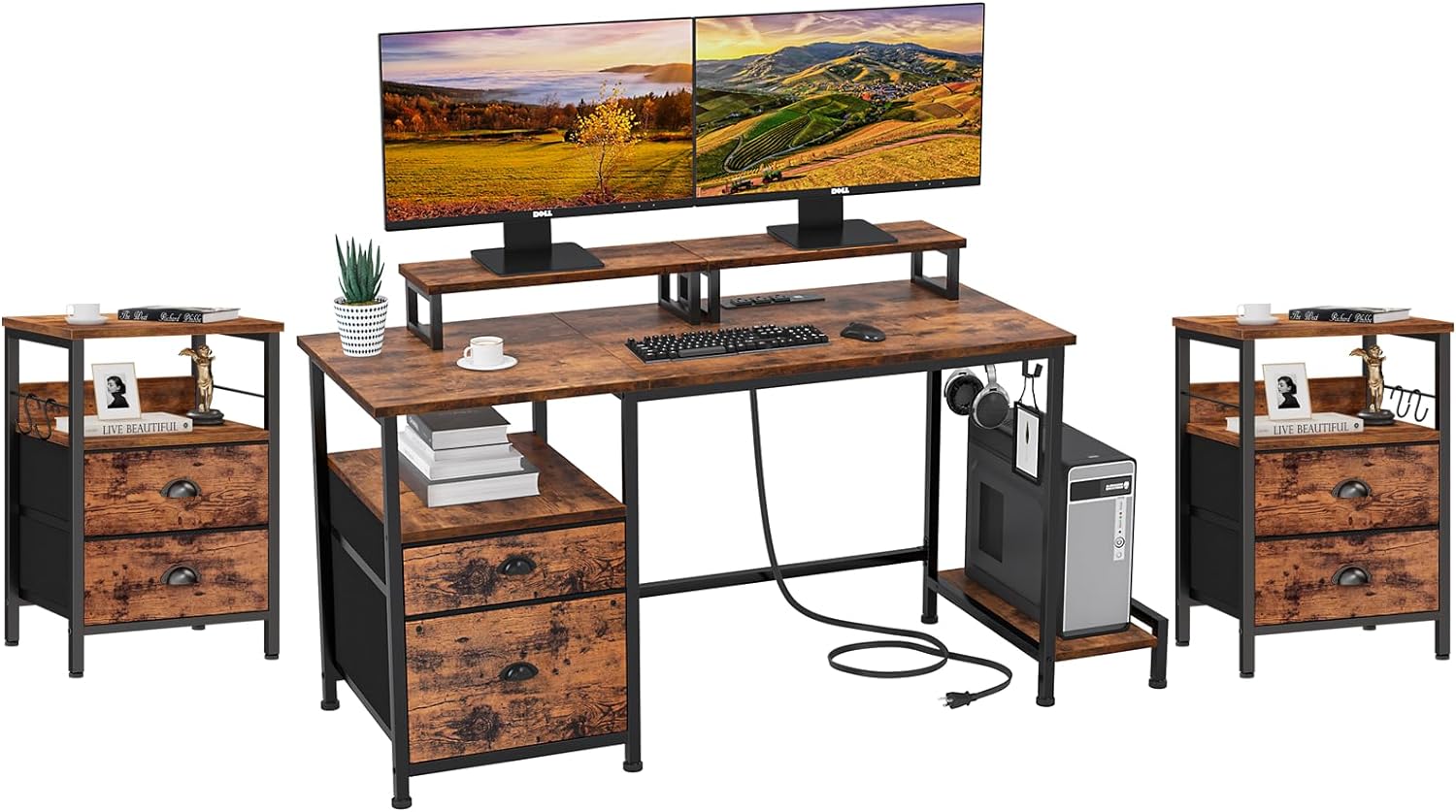 Furologee Computer Desk and Nightstands, Office Desk with Drawer and Power Outlets, End Table with Fabric Drawers, Desk with Monitor Stands, for Home Office