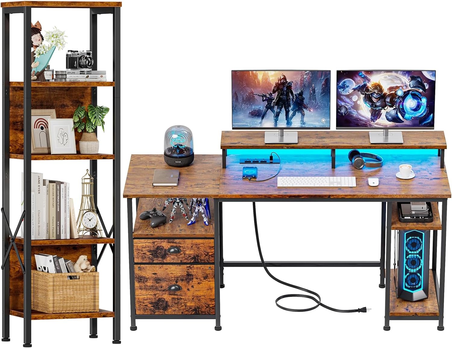 Furologee 61 Computer Desk and Bookshelf, Desk with Power Outlet and USB Ports, 5 Tier Tall Bookshelf with Back, Gaming Desk with Fabric File Cabinet and Monitor Stand, Rustic Standing Shelf