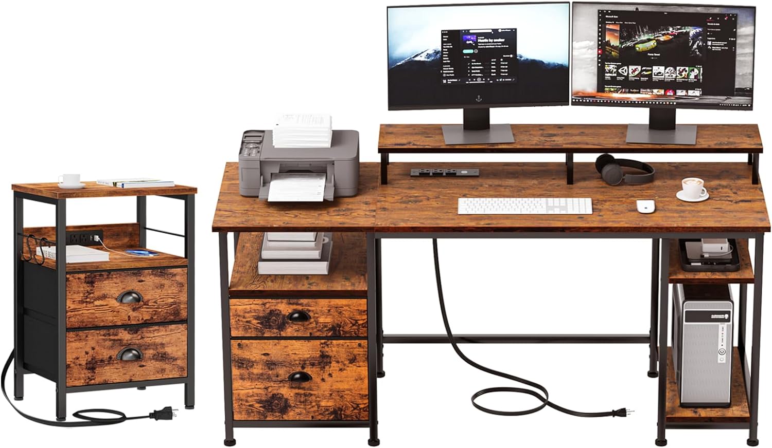 Furologee 61 Computer Desk and Nightstand with Power Outlet and USB Ports, Desk with Shelves and File Cabinet, End Table with Drawers, for Home/Office