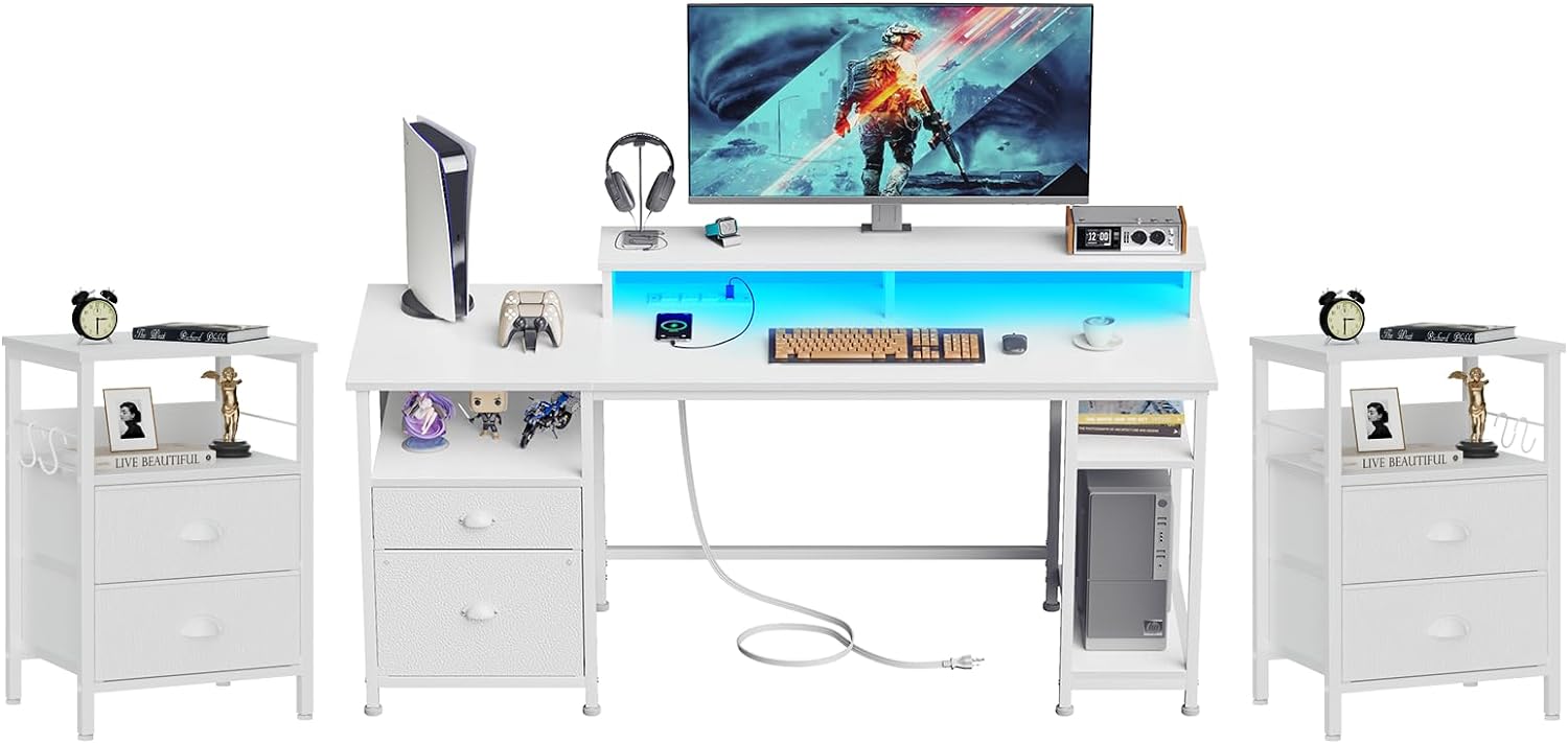 Furologee 61 Desk and Nightstand, White Gaming Desk with LED Light & Power Outlets, End Table with 2 Fabric Drawers, Reversible Computer Desk for Home/Office