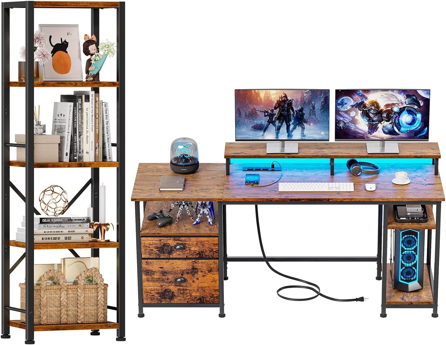 Furologee Computer Desk and Bookshelf Set, 61 Desk with Power Outlet and USB Ports, 5 Tier Narrow Tall Bookshelf, Gaming Desk with Drawer and Monitor Stand, Rustic Bookcase Standing Shelves Unit