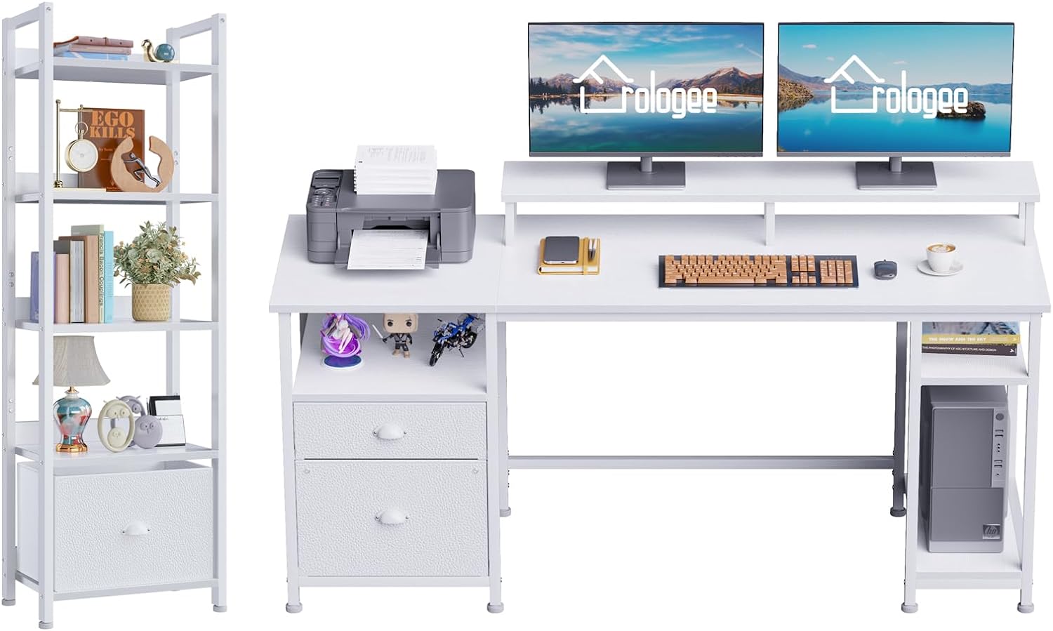 Furologee 61 Computer Desk with Fabric File Cabinet & Drawer, 5 Tier Bookshelf with Shelves, Reversible White Desk, for Home/Office/Bedroom