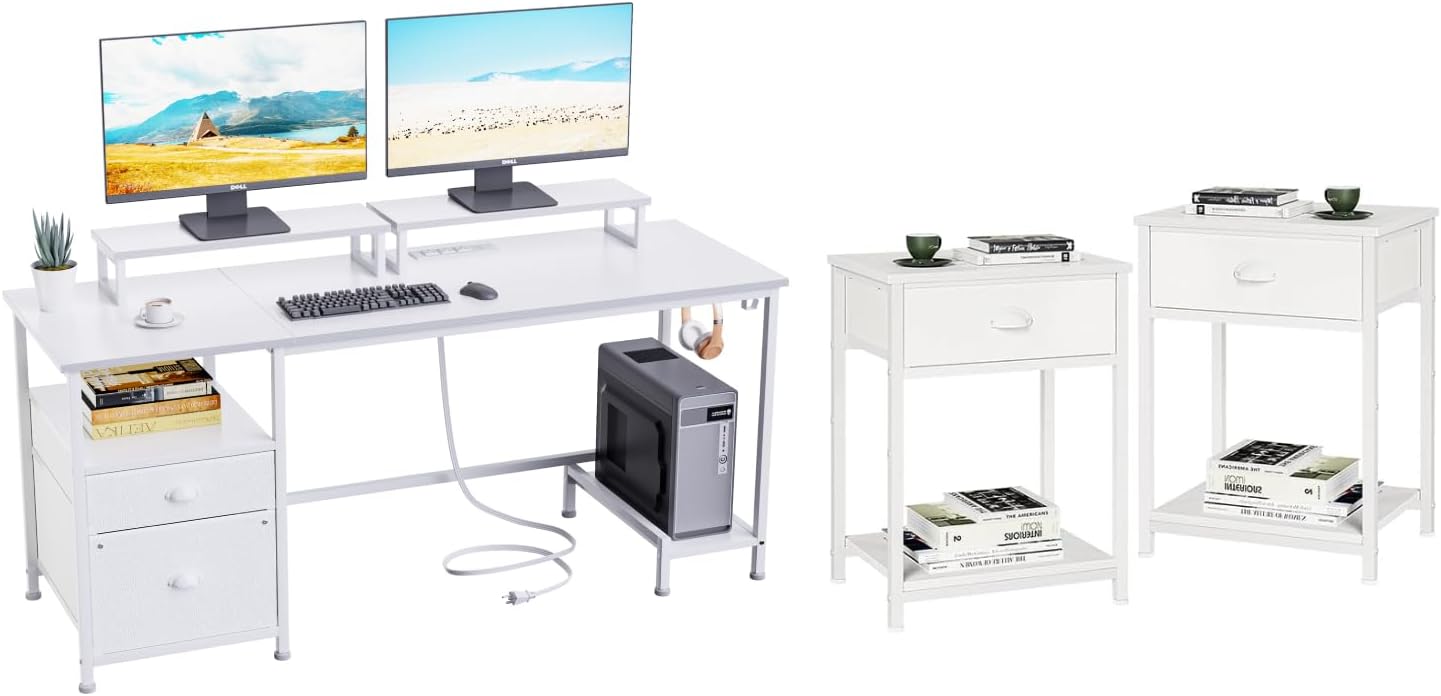 Furologee White Nightstands Set of 2, End Table with Fabric Drawer, 55 White Computer Desk with Drawer and Power Outlets