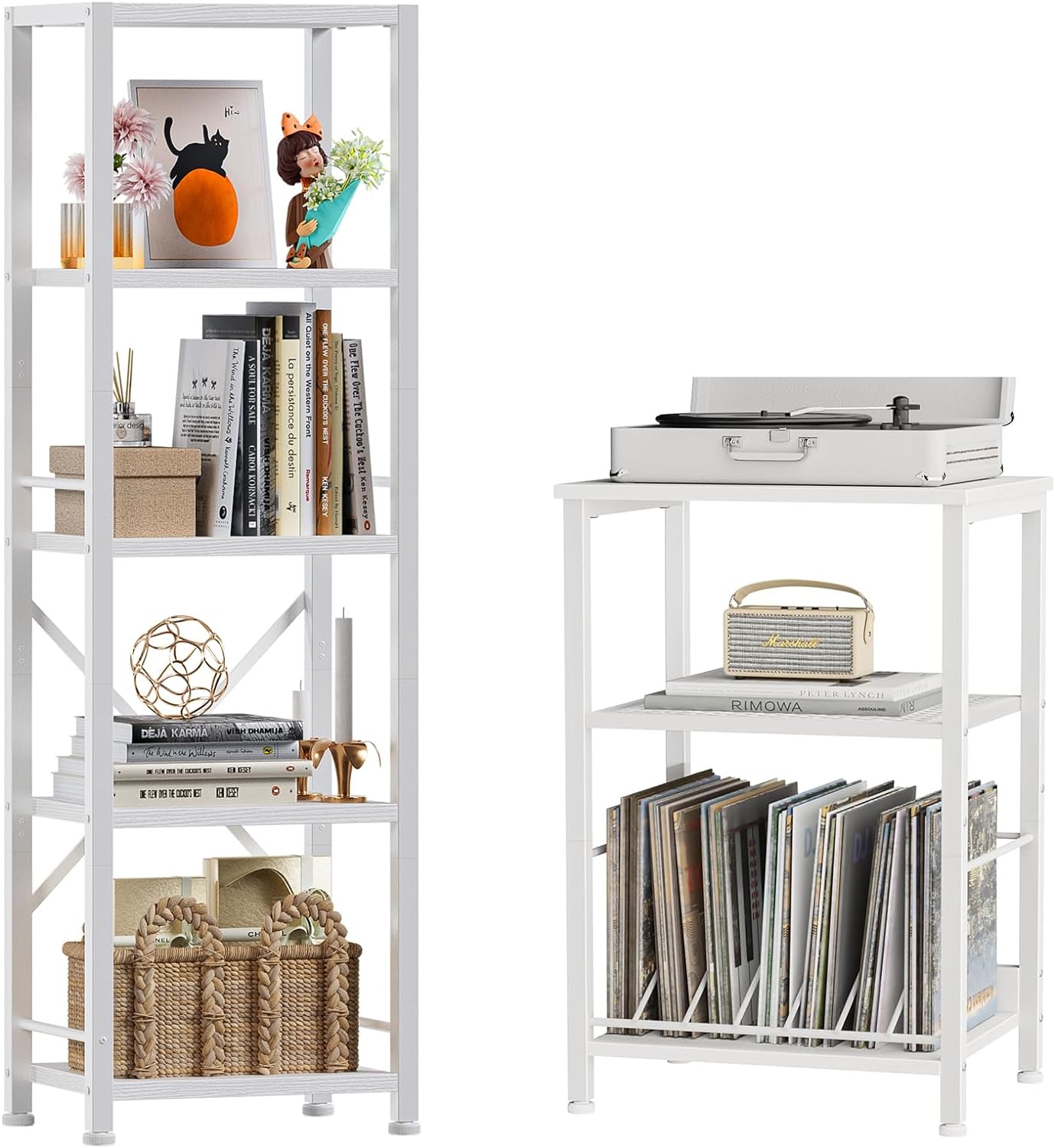 Furologee White Bookshelf and Nightstand, 5 Tier Tall Narrow Bookcase, 3 Tier End Table Record Player Stand, Modern Freestanding Shelf Units,Vinyl Turntable Stand Storage Up to 100 Albums