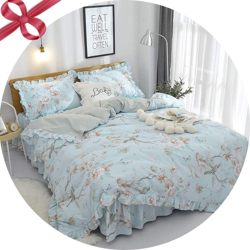 FADFAY Farmhouse Floral Bedding Shabby Blue Bird Print French Countryside Chic Bedding Set Luxury Bedskirt Collections 800 Thread Count 100% Egyptian Cotton, 4 Piece-Queen Size