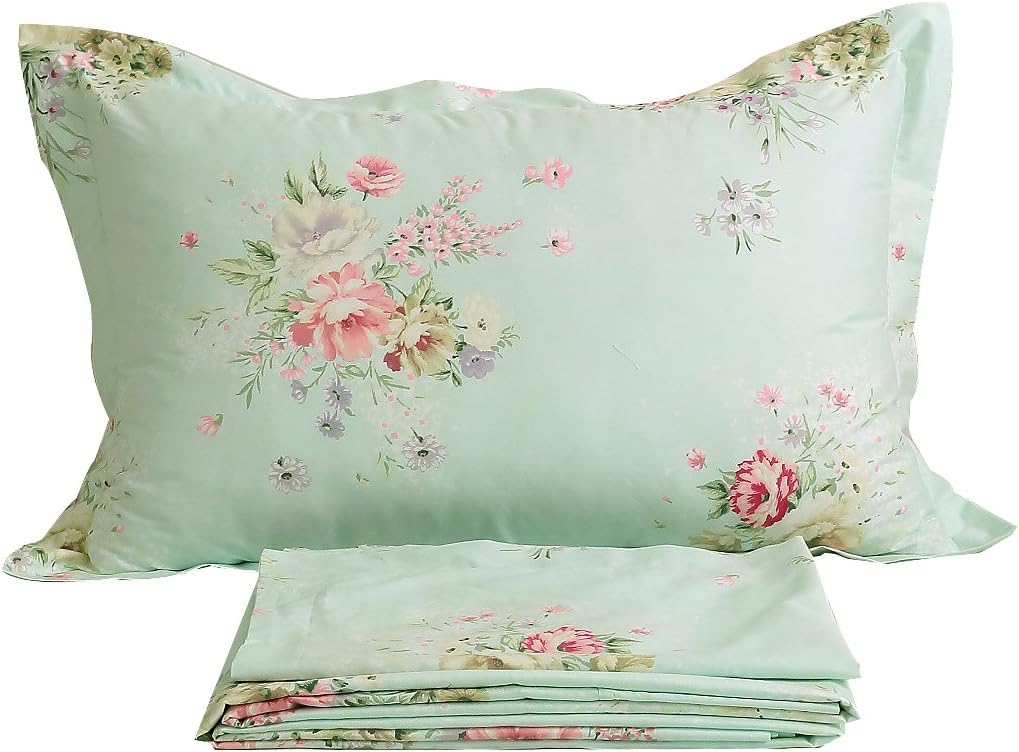 FADFAY Bed Sheet Set Green Floral Cotton Sheets 4-Piece Twin Size