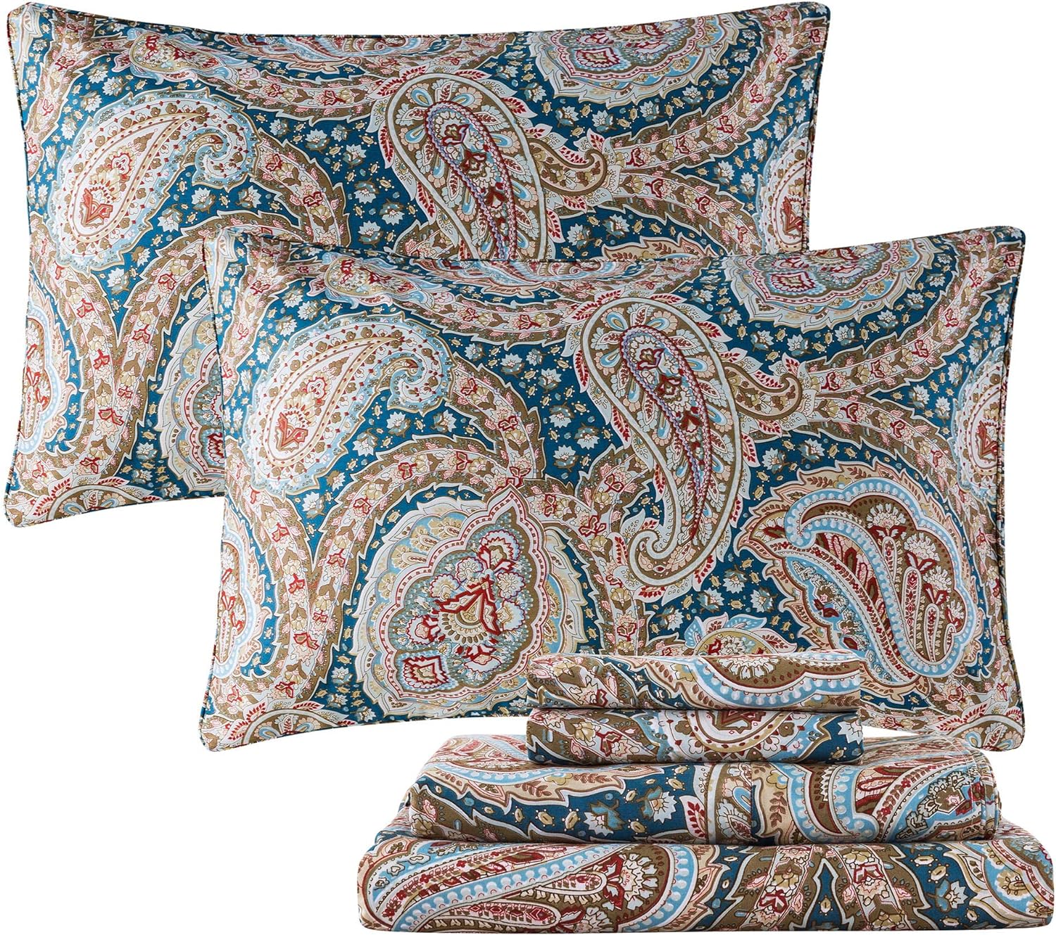 FADFAY Luxury Paisley Sheets Set Twin Classy Blue and Gold Floral Farmhouse Bedding Elegent Blue Paisley Bedding Set 100% Cotton Super Soft Hypoallergenic Deep Pocket Fitted Sheet 4-Pieces, Twin Size