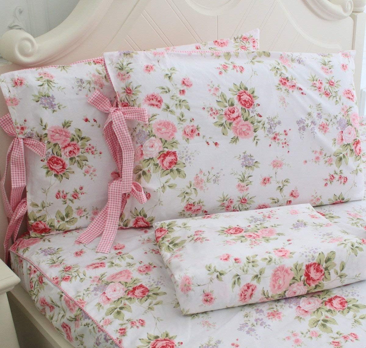 FADFAY Cotton Bed Sheets Set Shabby Rose Floral Print Sheet Bedding 4-Piece Twin Size