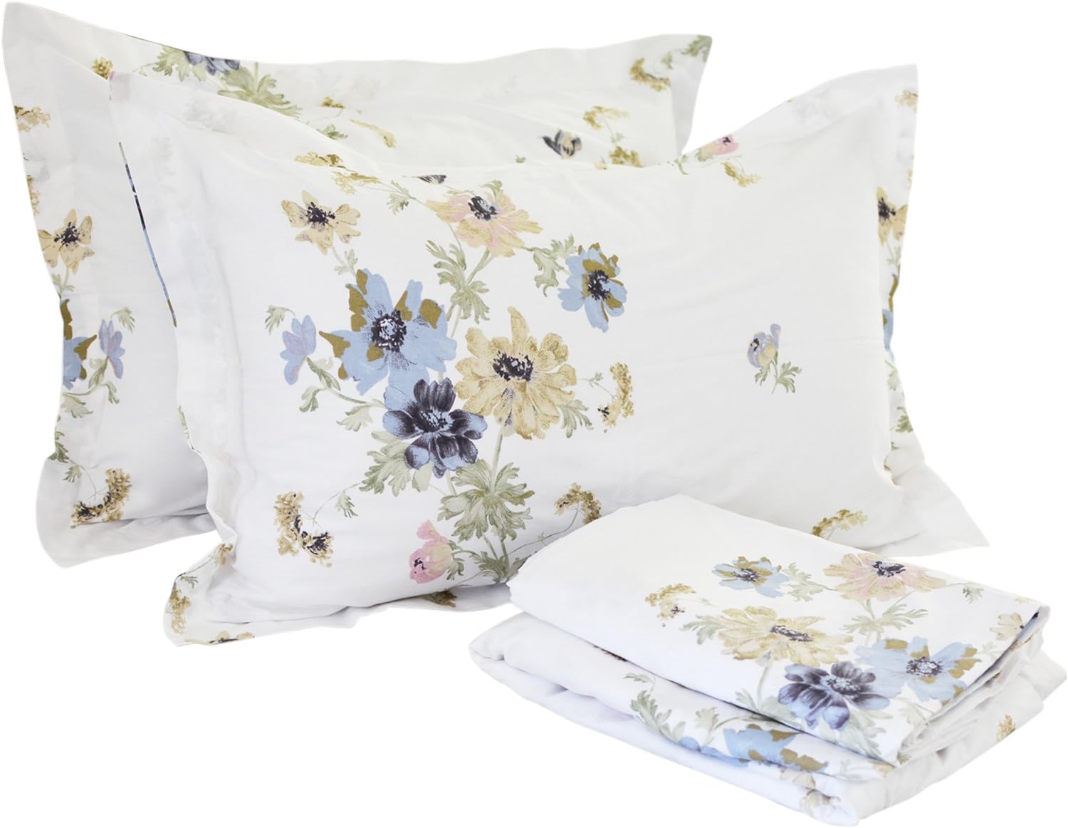 FADFAY Floral Bed Sheet Set 100% Cotton 4 Piece Shabby Style Bedding Set (Queen, White Floral)