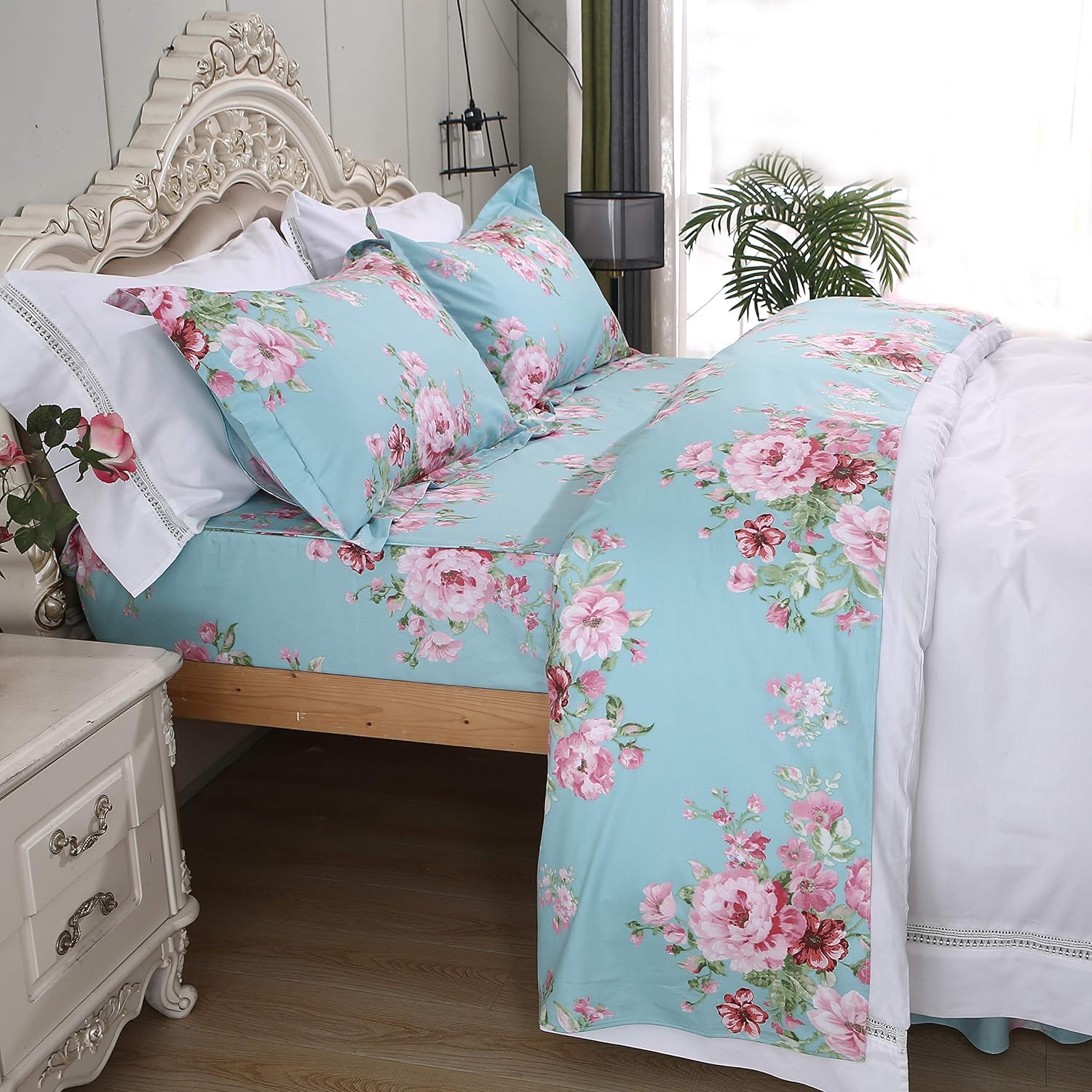 FADFAY Shabby Pink Floral Bed Sheet Set 100% Cotton Deep Pocket 4-Piece Twin Size