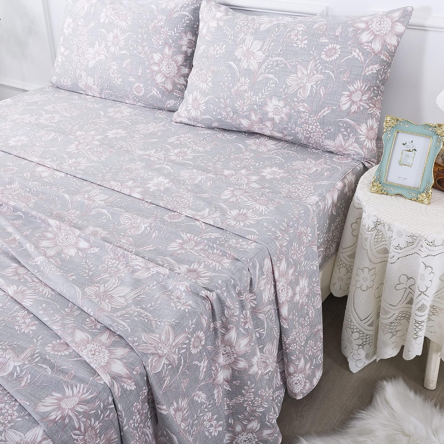 FADFAY Sheets Set Queen Shabby Pink and Grey Floral Bedding Vintage Sunflower Bedding 600TC Elegant Summer Bedding 100% Cotton Super Soft Hypoallergenic Deep Pocket Bed Sheets Set, 4Pcs-Queen Size