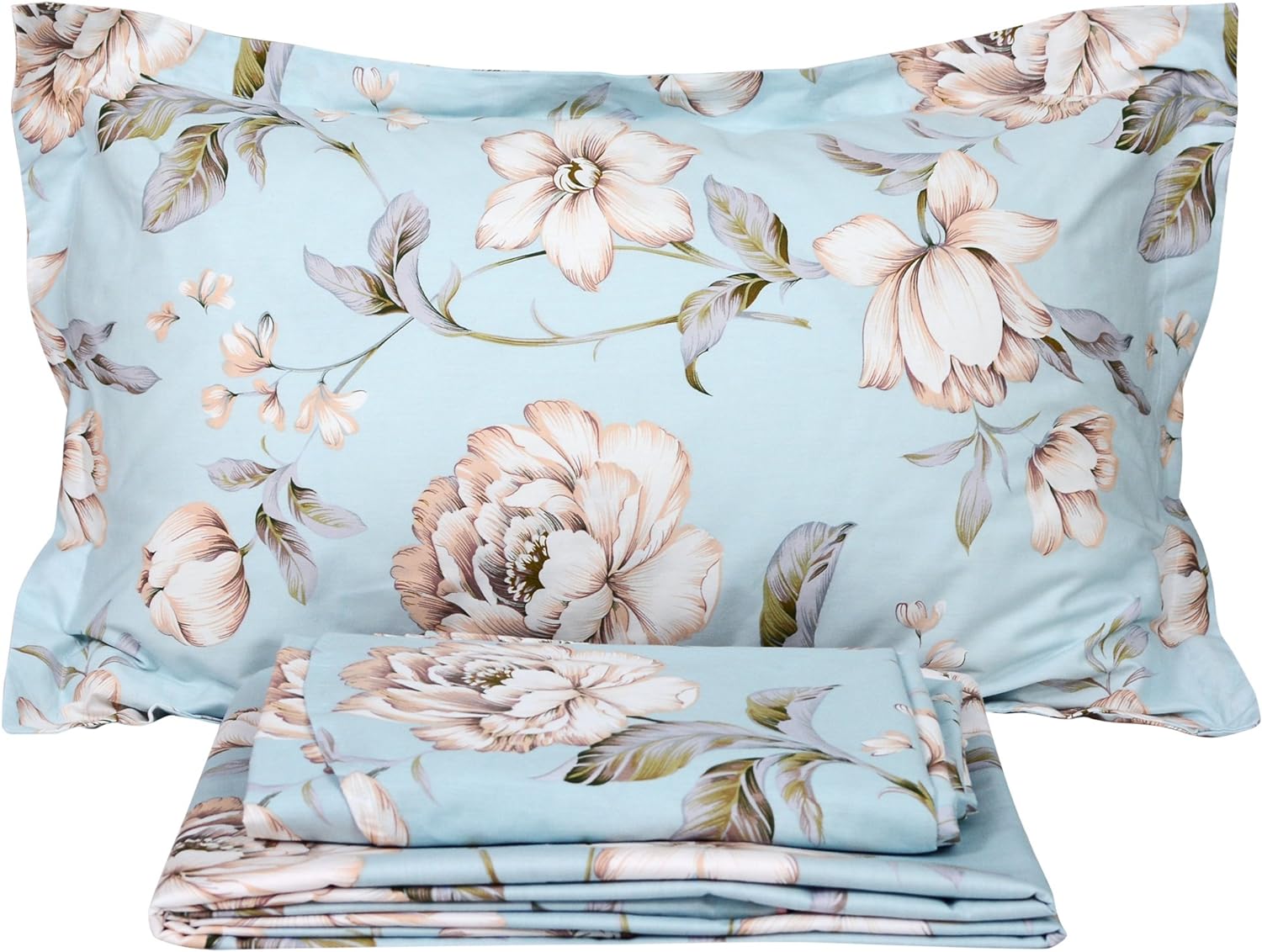 FADFAY Shabby Floral Bed Sheet Set Farmhouse Bedding Blue Cotton Winter Bedding Deep Pocket Sheets 4-Piece Queen Size
