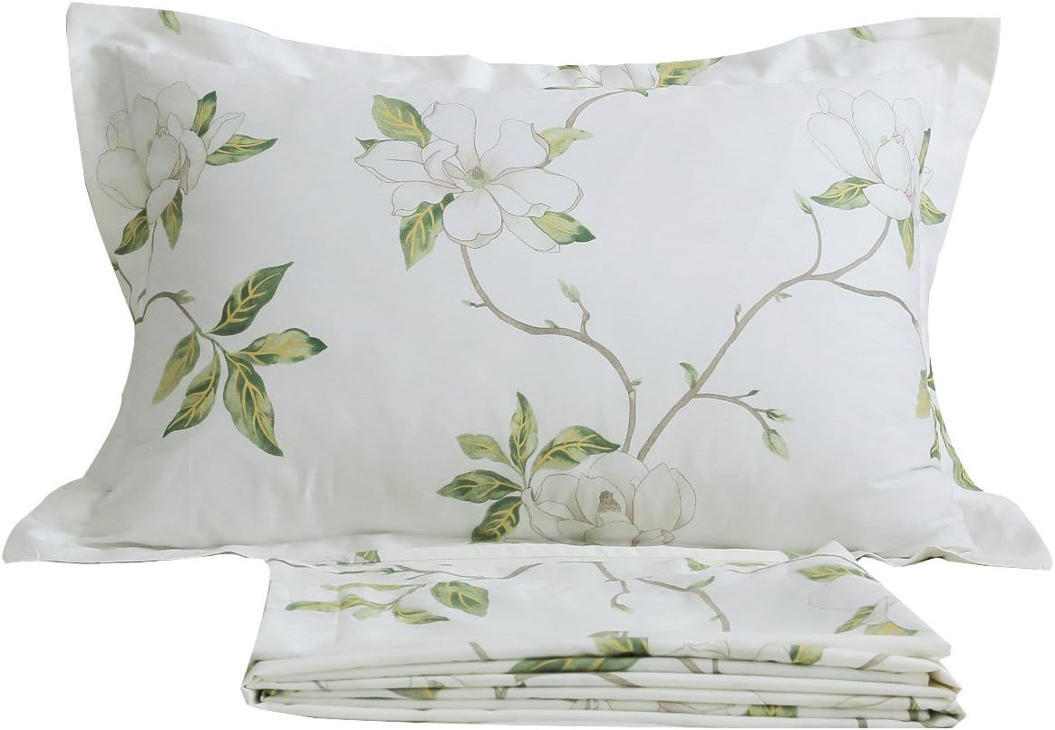 FADFAY Floral 4 Piece Bed Sheet Set 100% Cotton Deep Pocket (Queen, Rainkissed Leaves)