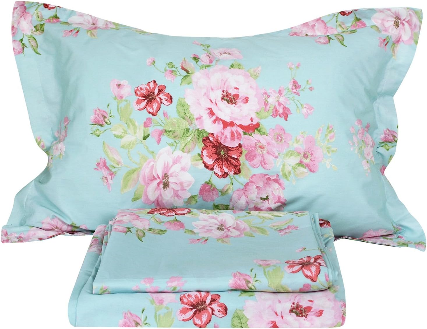 FADFAY Shabby Pink Floral 4 Piece Bed Sheet Set 100% Cotton Deep Pocket-Queen