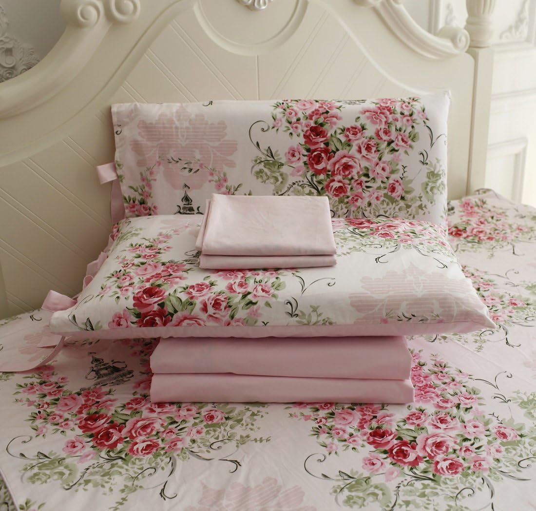 FADFAY Shabby Floral Bedding Set Queen Size Sheet Set 4 Piece Premium 100% Cotton Pink Rose Pattern :1 Deep Pocket Fitted Sheet, 1Flat Sheet, 2 Pillowcases (Standard Size)