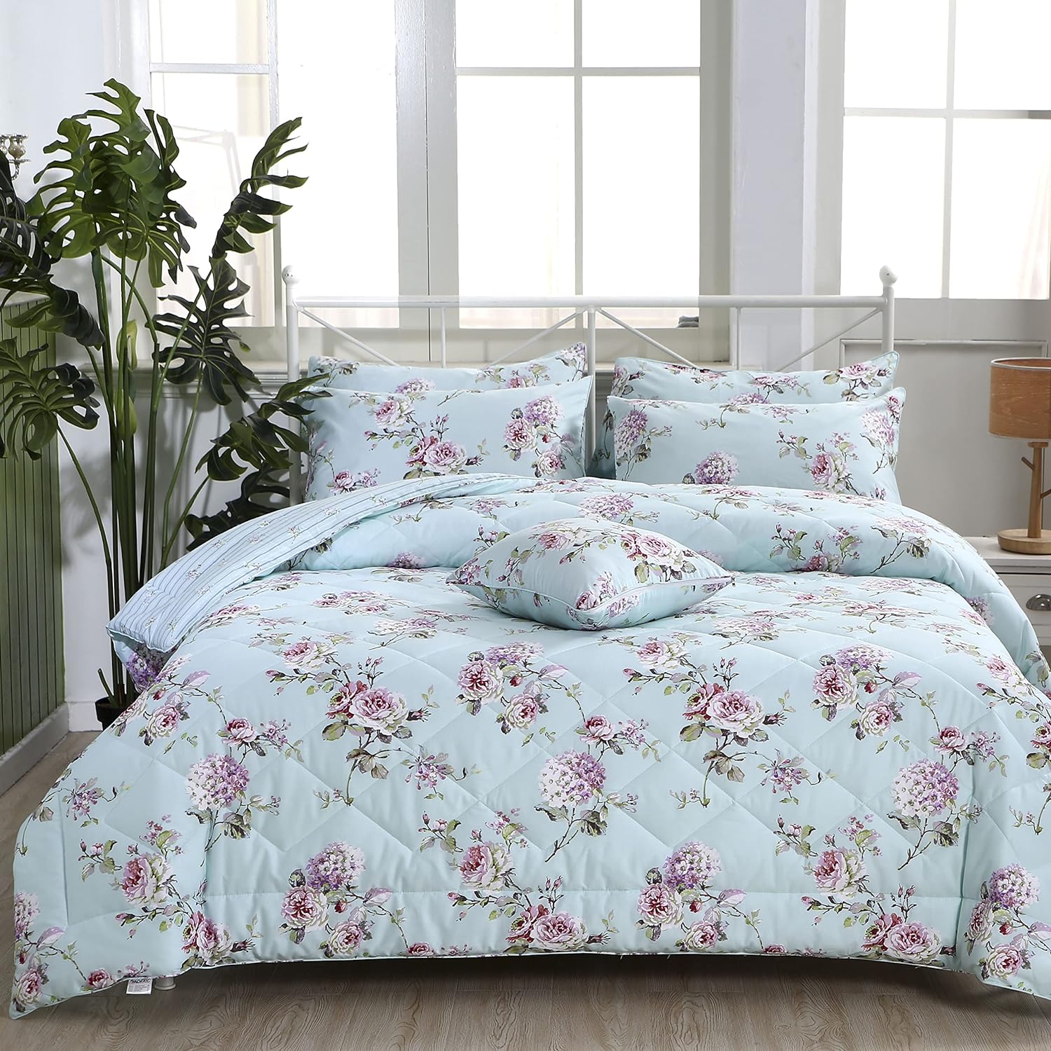 FADFAY Queen Comforter Set Blue Floral Lightweight Reversible Striped 100% Cotton Down Alternative Bed Comforter Soft Microfiber Fill Bedding Farmhouse Purple Flower & Green Leaves Printed 3 Pcs