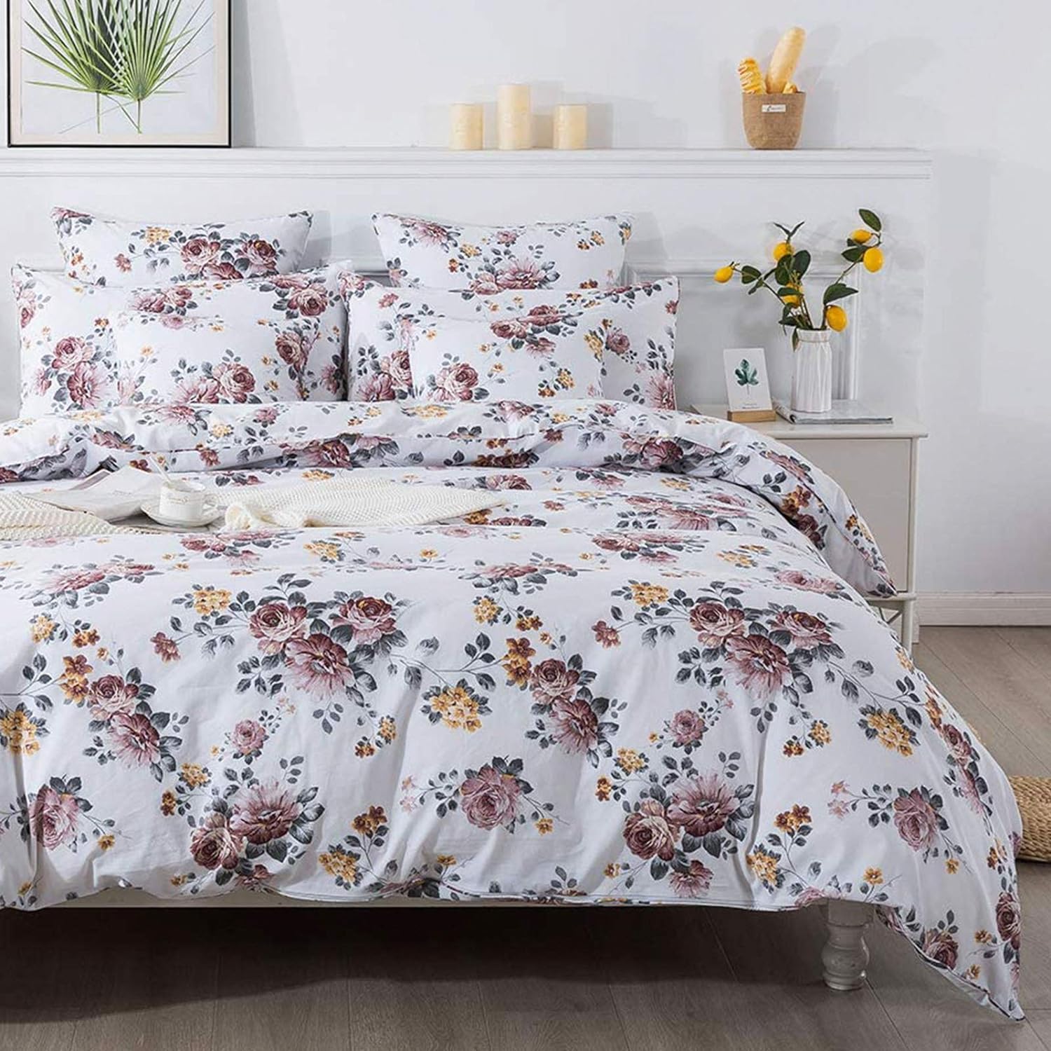 FADFAY Duvet Cover Set Twin Elegant White Floral Farmhouse Bedding 100% Brushed Cotton Ultra Soft Comforter Cover Set with Zipper Closure 3Pcs, 1duvet Cover & 2pillowcases,Twin Size