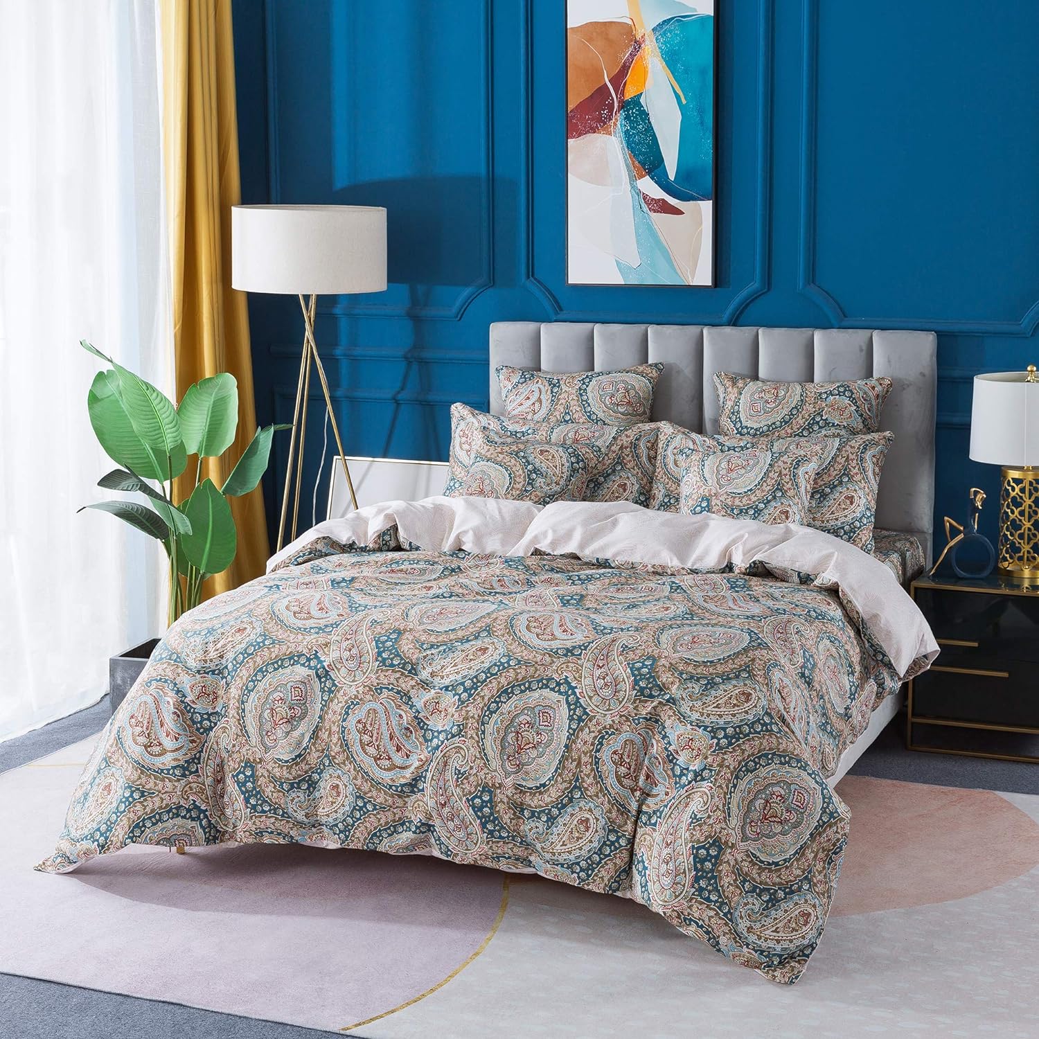 FADFAY Paisley Duvet Cover Set Twin Blue and Beige Reversible Paisley Floral Bedding 100% Cotton Ultra Soft Bedding Set with Hidden Zipper Closure 3 Pieces, 1Duvet Cover & 2Pillowcases, Twin Size