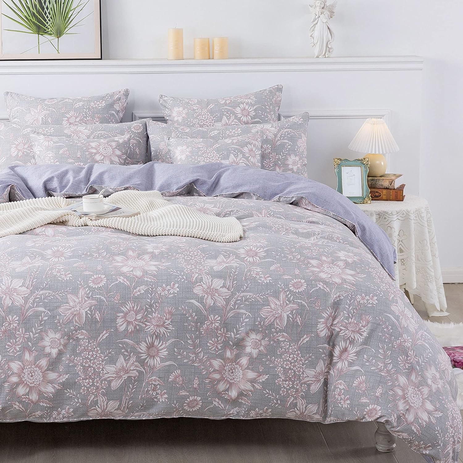 FADFAY Duvet Cover Set Twin Shabby Pink and Grey Floral Bedding Vintage Sunflower Bedding 600TC Elegant Summer Bedding 100% Cotton Soft Comforter Cover with Hidden Zipper Closure 3Pcs, Twin Size