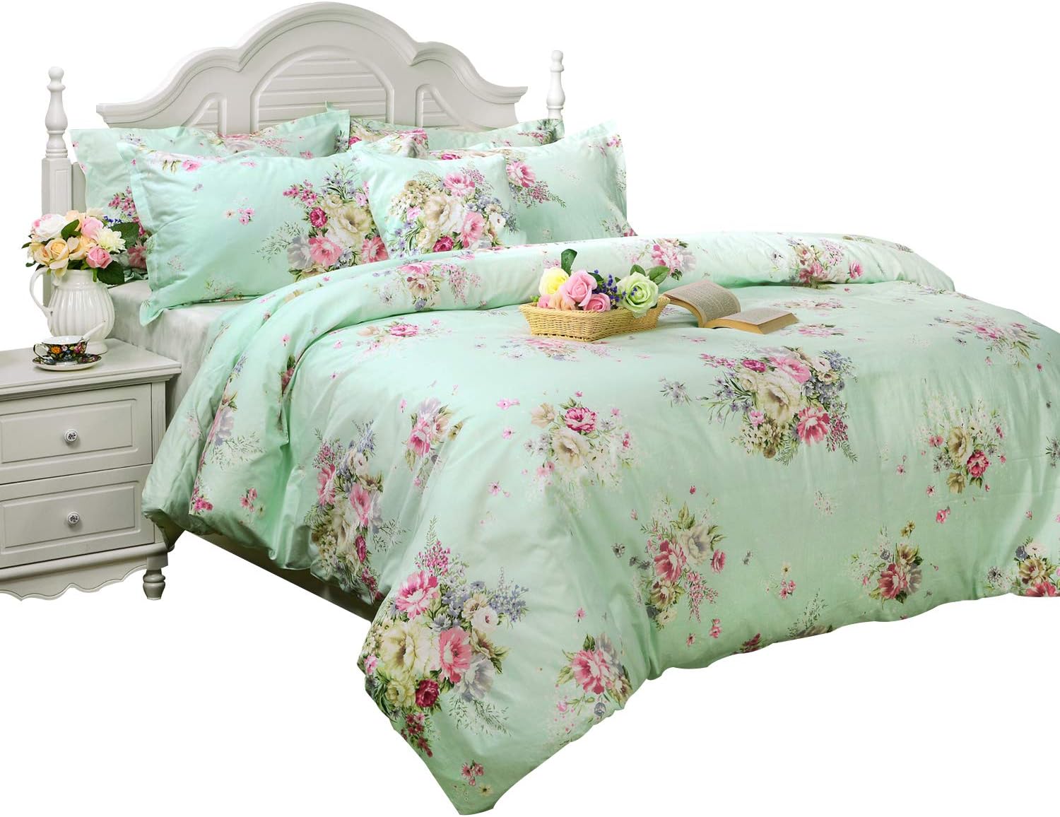 FADFAY Green Floral Duvet Cover Sets Vintage Flower Printed Bedding Ultra Soft 100% Cotton Designer Bedding Set 3 Pieces, 1duvet Cover & 2pillowcases (Twin Size, Simple Style)