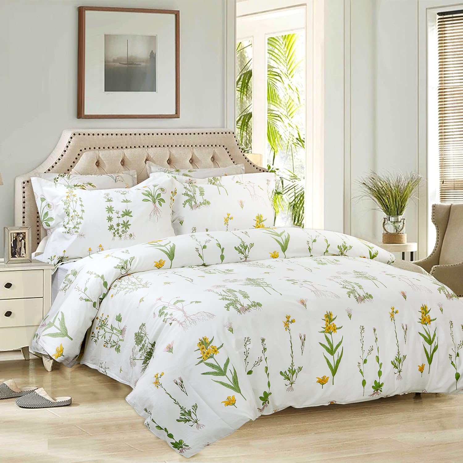 FADFAY Shabby Floral Duvet Cover Set White and Green Cotton Bedding Set with Hidden Zipper Closure 3 Pieces, 1duvet Cover & 2pillowcases (Twin Size, Simple Style)
