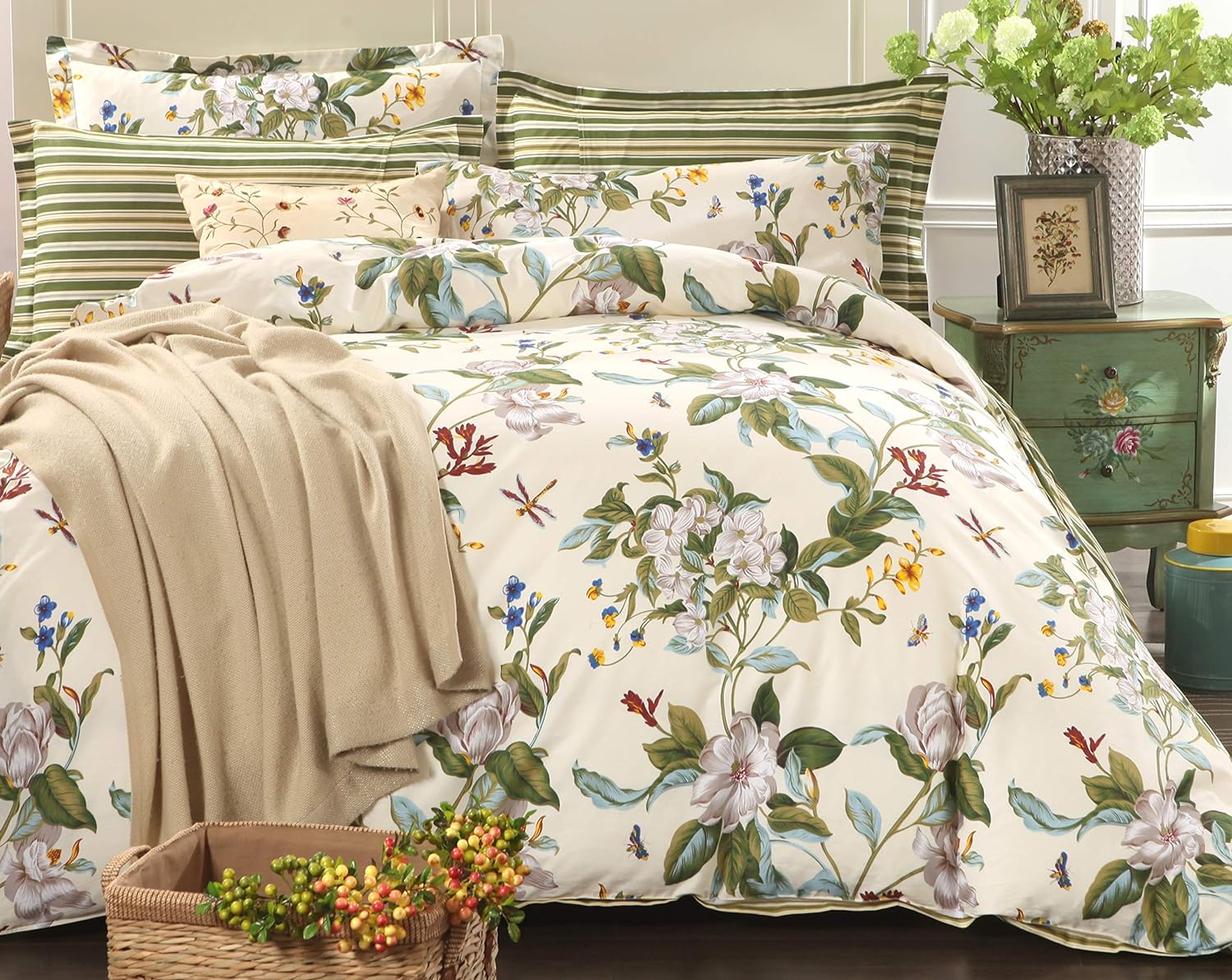 FADFAY Floral Duvet Cover Set 100% Cotton Green and Beige Striped Shabby Flower Bedding Branches Botanical Printed Reversible Zipper Comforter Cover & 2 PillowcasesTwin