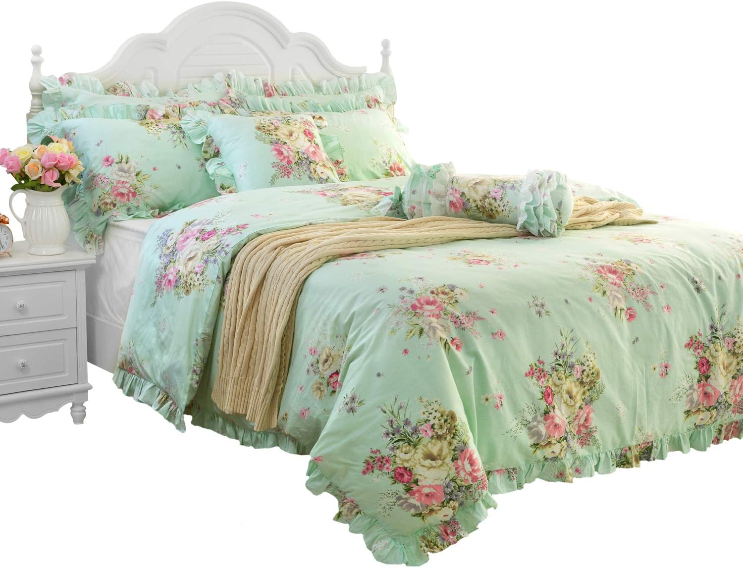 FADFAY Green Floral Duvet Cover Sets Vintage Flower Printed Bedding Ultra Soft 100% Cotton Designer Bedding Set 3 Pieces, 1duvet Cover & 2pillowcases (Twin Size, Ruffle Style)