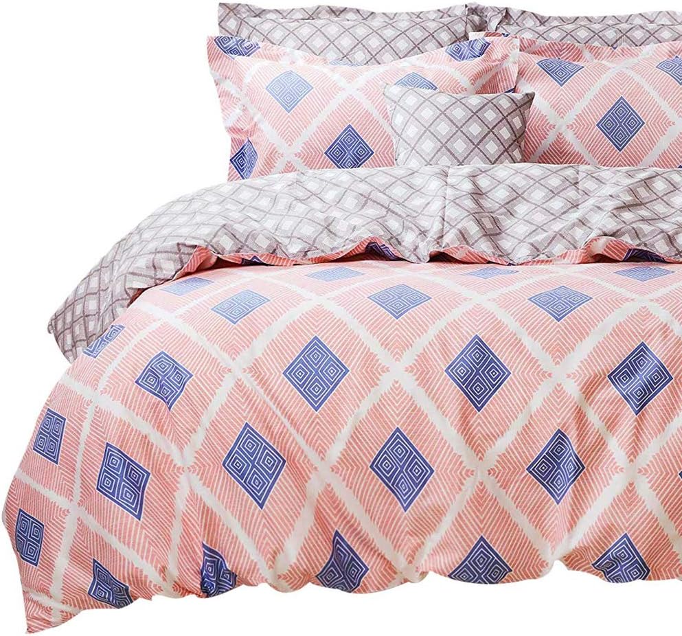 FADFAY Pink Stripe Blue Rhombus Geometry Duvet Cover Set Gray Reversible Super Soft 100% Cotton,3-Pieces Full