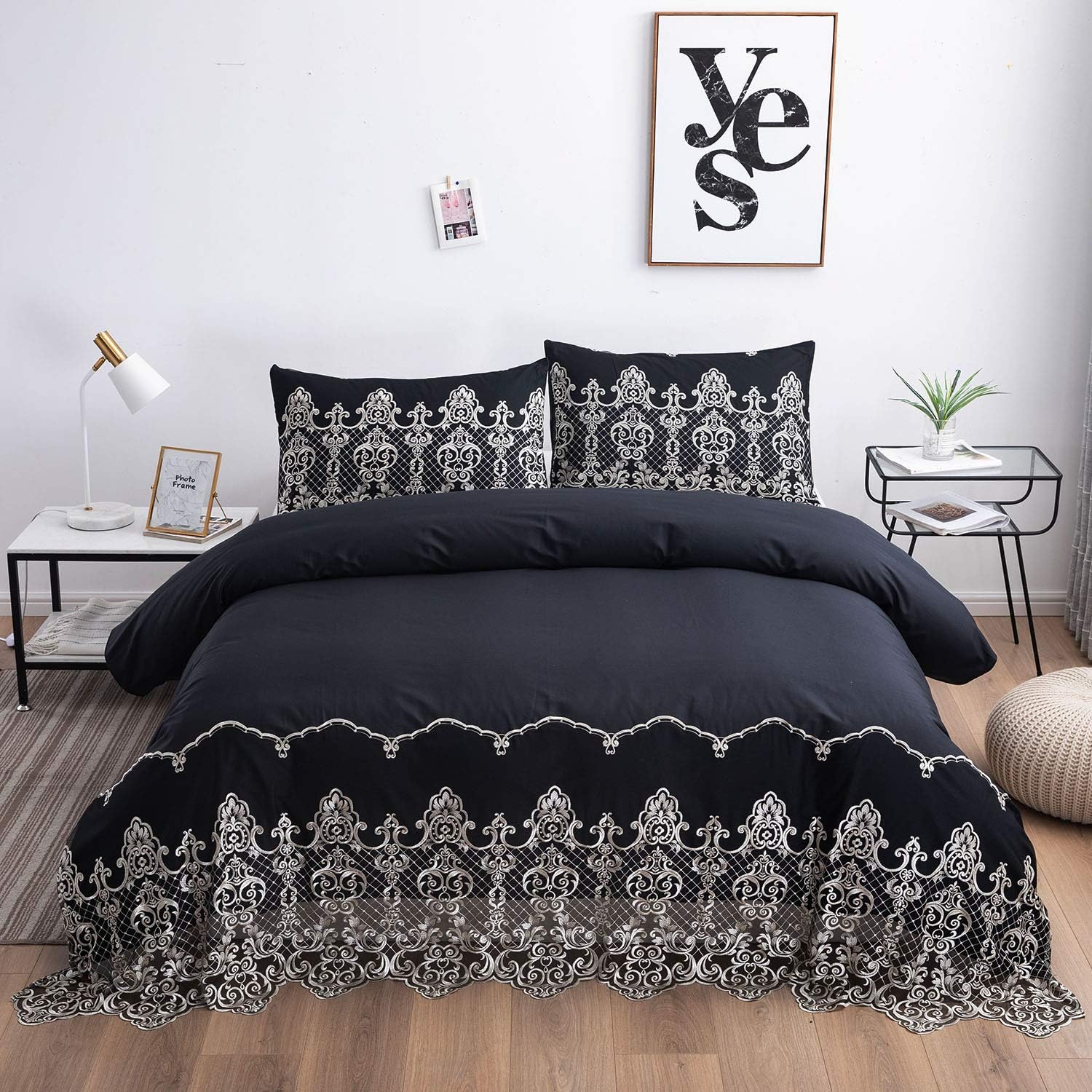 FADFAY Embroidered Duvet Cover Sets Shabby Chic Lace Bedding 100% Cotton Boho Bedding Sets Elegant Comforter Cover Set Designer Bedding (3Pcs, Black, Twin)