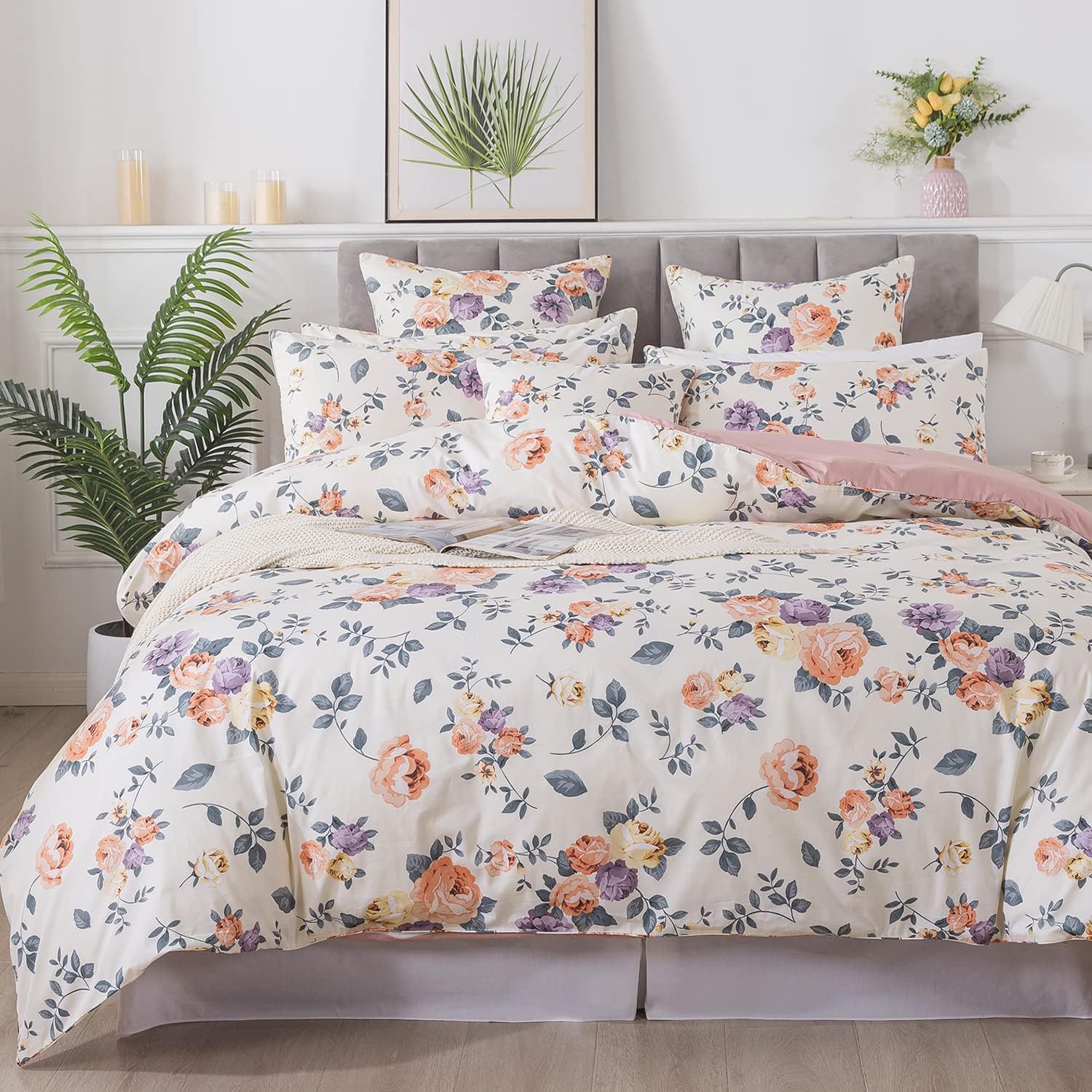 FADFAY Floral Bedding Set Queen 100% Cotton 600 TC Shabby Duvet Cover Chic Beige Orange Reversible Zipper Comforter Cover Vintage Purple Flower Print Bed Cover Women Pretty Farmhouse Bedding 3Pcs