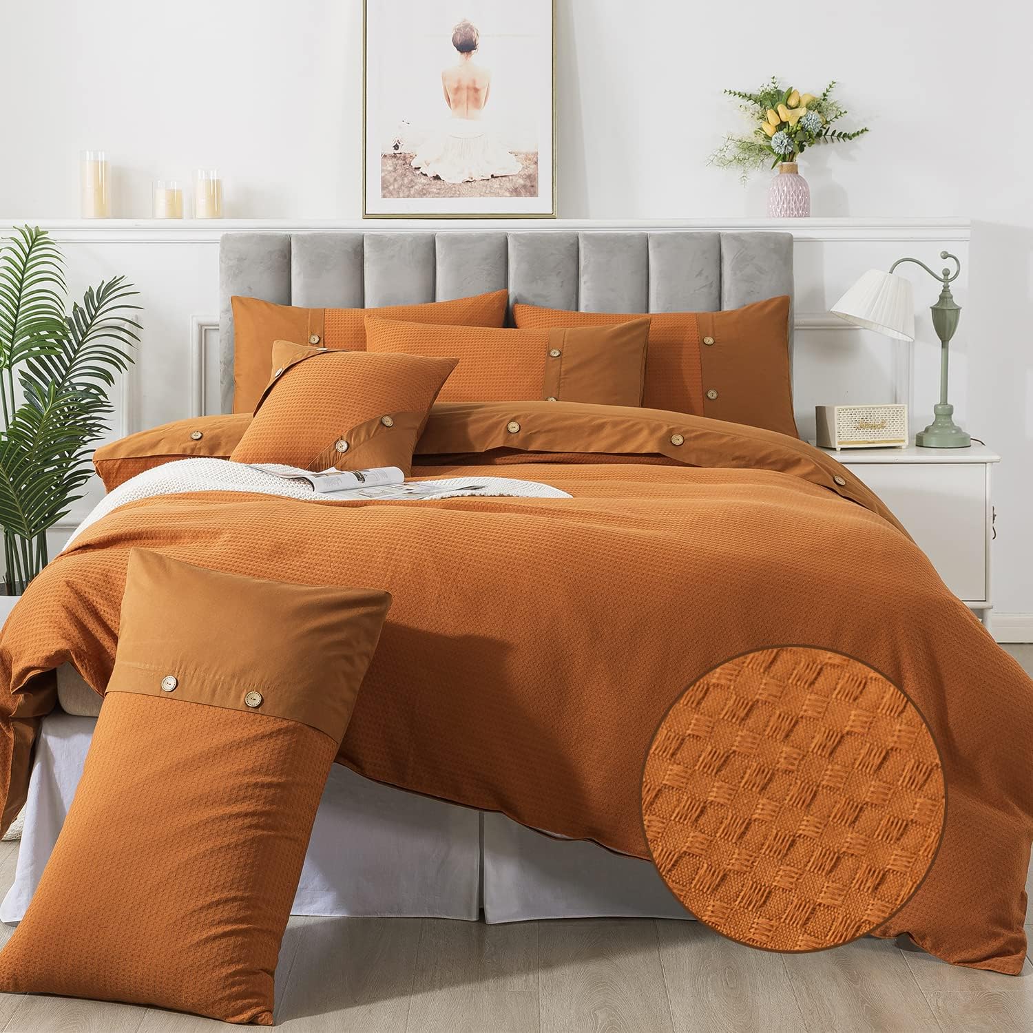 FADFAY Burnt Orange Duvet Cove Set Queen Cotton Waffle Weave Bedding Zipper Comforter Cover Reversible Luxury Textured Terracotta Bedding Unique Embellished Button Soft Breathable All Season 3Pcs