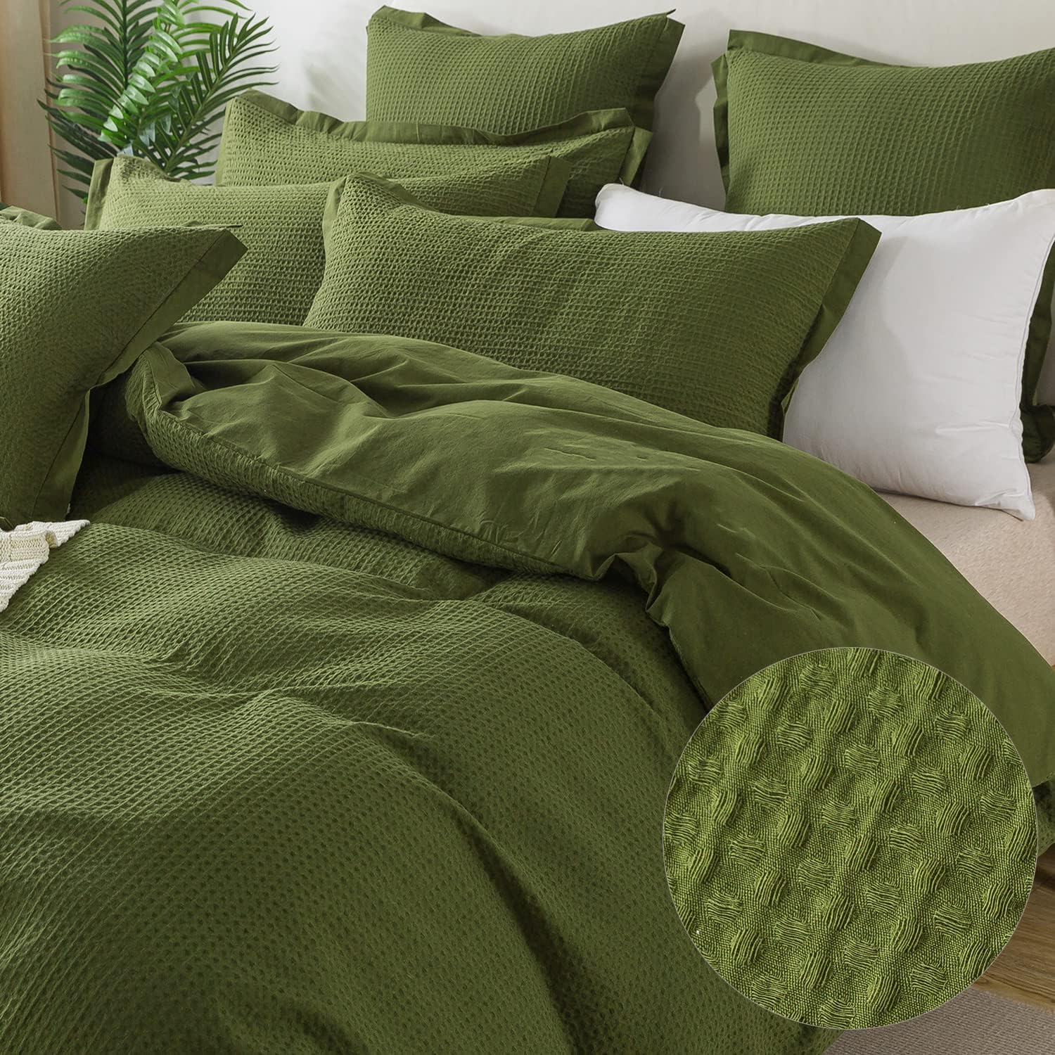 FADFAY Dark Green Duvet Cover Set King/Cal King Waffle Weave Knit Reversible 100% Washed Cotton Sage Green Textured Duvet Covers Boho Comforter Cover Christmas Bedding Soft Breathable All Season
