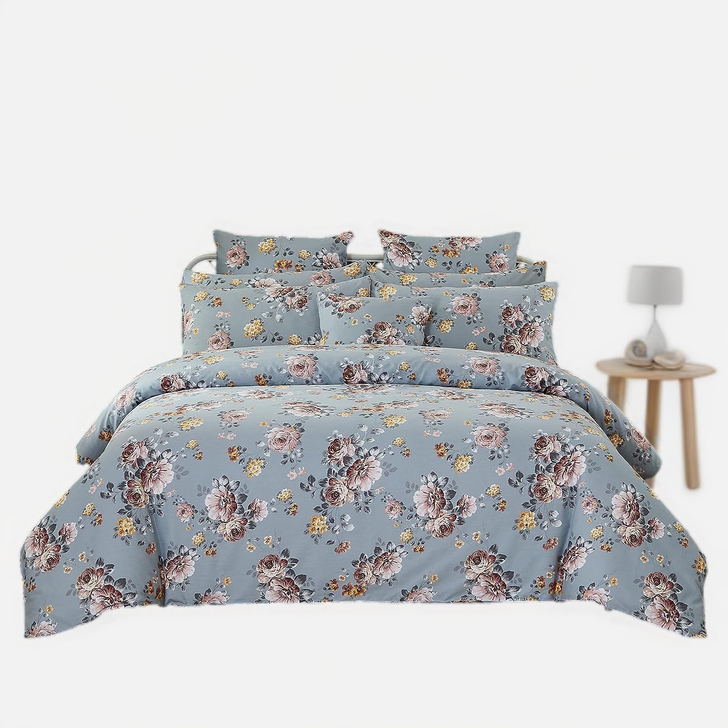 FADFAY Duvet Cover Set Queen Shabby Grey Floral Bedding Vintage Farmhouse Bedding 100% Brushed Cotton Ultra Soft Comforter Cover Set with Zipper Closure 3Pcs, 1duvet Cover & 2pillowcases, Queen Size