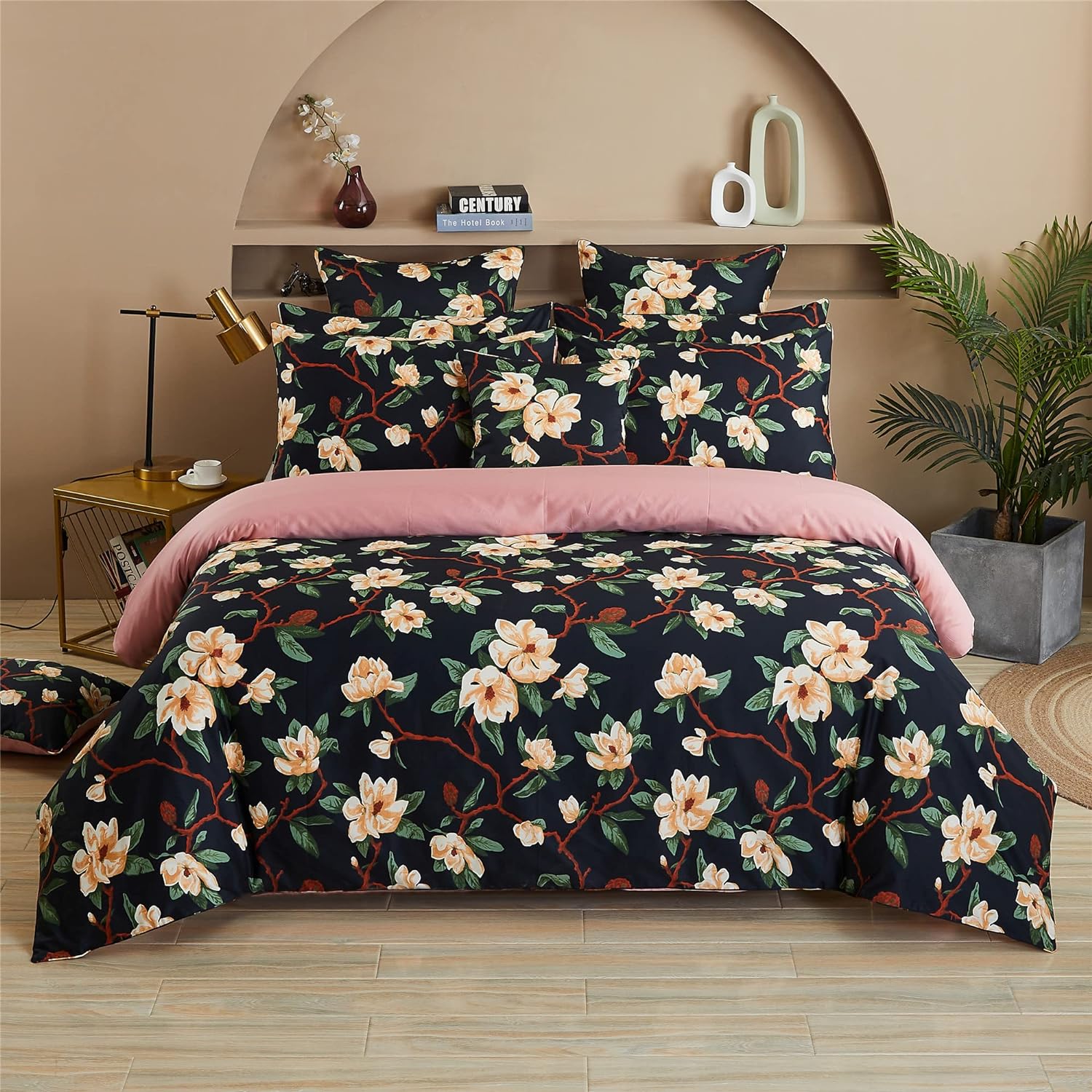 FADFAY Duvet Cover Set Queen Shabby Black and Pink Floral Bedding Elegant Peony Farmhouse Bedding 800 Thread Count 100% Egyptian Cotton Comforter Cover Set with Hidden Zipper Closure, 3Pcs-Queen Size