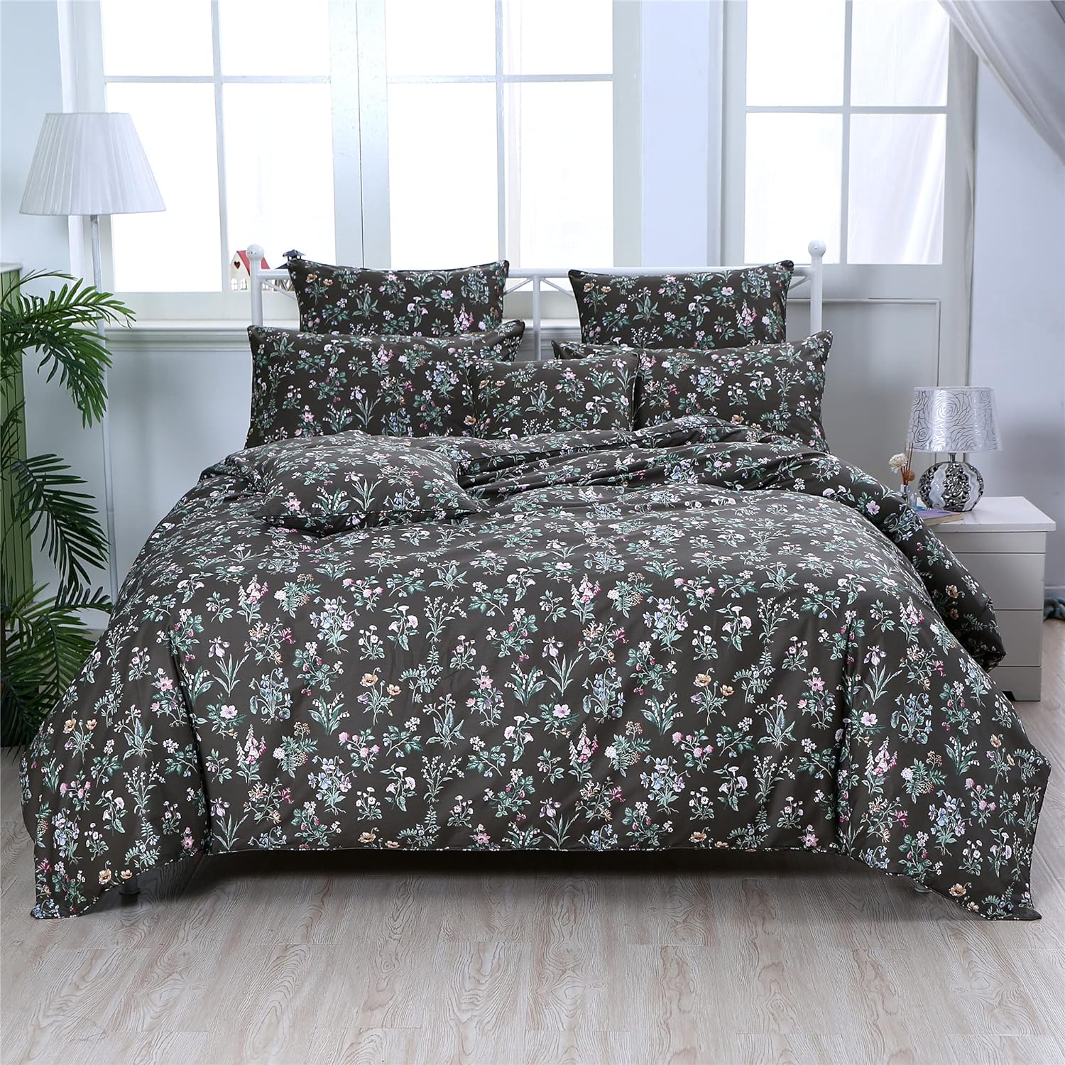 FADFAY Shabby Floral Duvet Cover Set Queen Elegant and Vintage Farmhouse Bedding Olive Green Botanical Floral Bedding 100% Cotton Ultra Soft Comforter Cover Set with Zipper Closure 3Pcs, Queen Size