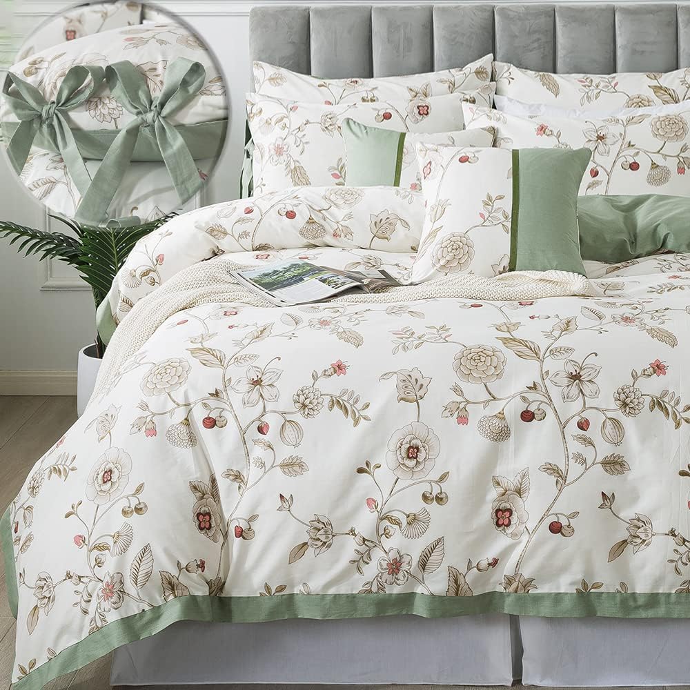 FADFAY Floral Bedding Set King/Cal King 100% Cotton Shabby and Chic Beige Green Reversible Duvet Cover Vintage Pink Flower Print Bed Covers Luxury Pretty Bowknot Soft Crisp Zipper Comforter Cover 3Pc