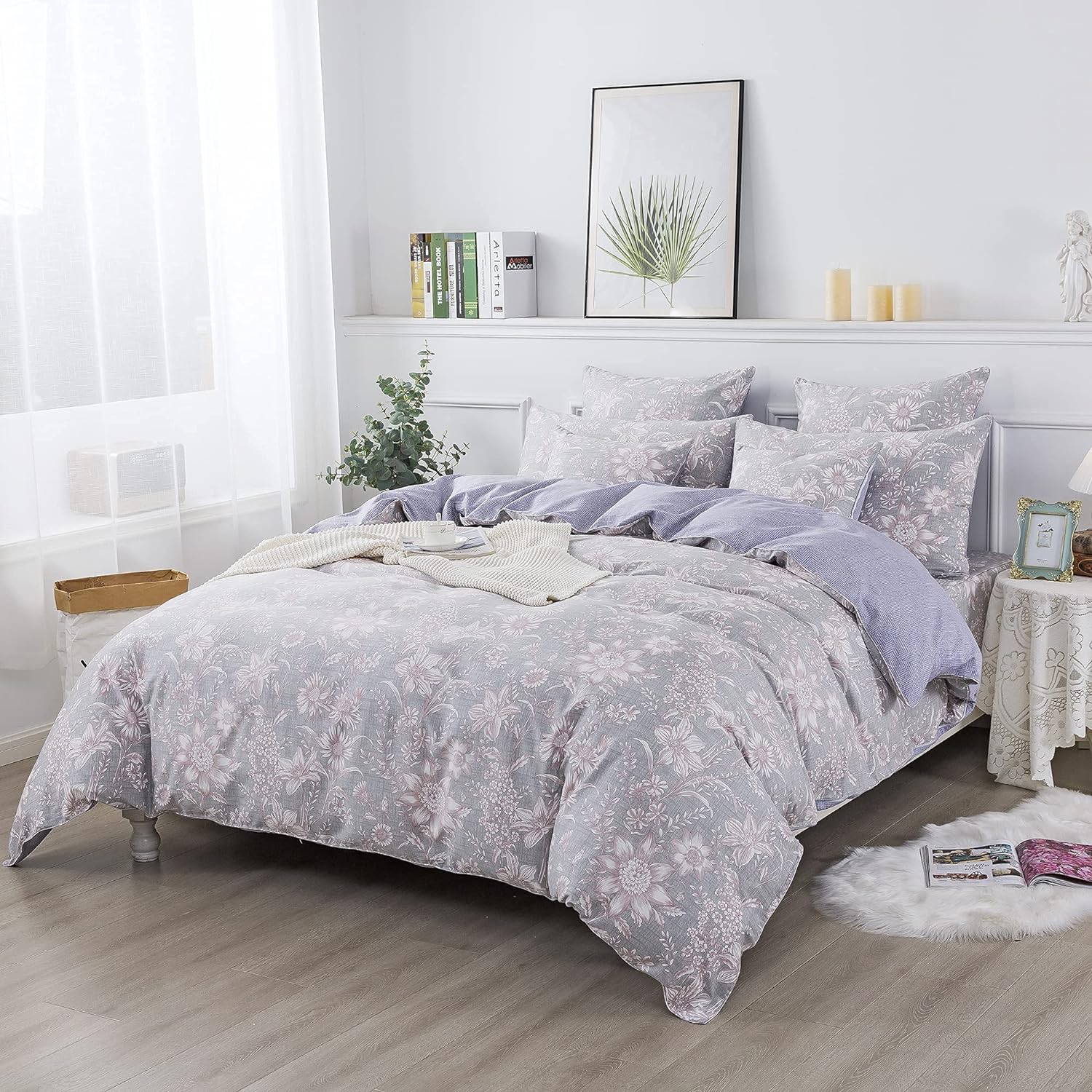FADFAY Duvet Cover Set Queen Shabby Pink and Grey Floral Bedding Vintage Sunflower Bedding 600TC Elegant Summer Bedding 100% Cotton Soft Comforter Cover with Hidden Zipper Closure 3Pcs, Queen Size