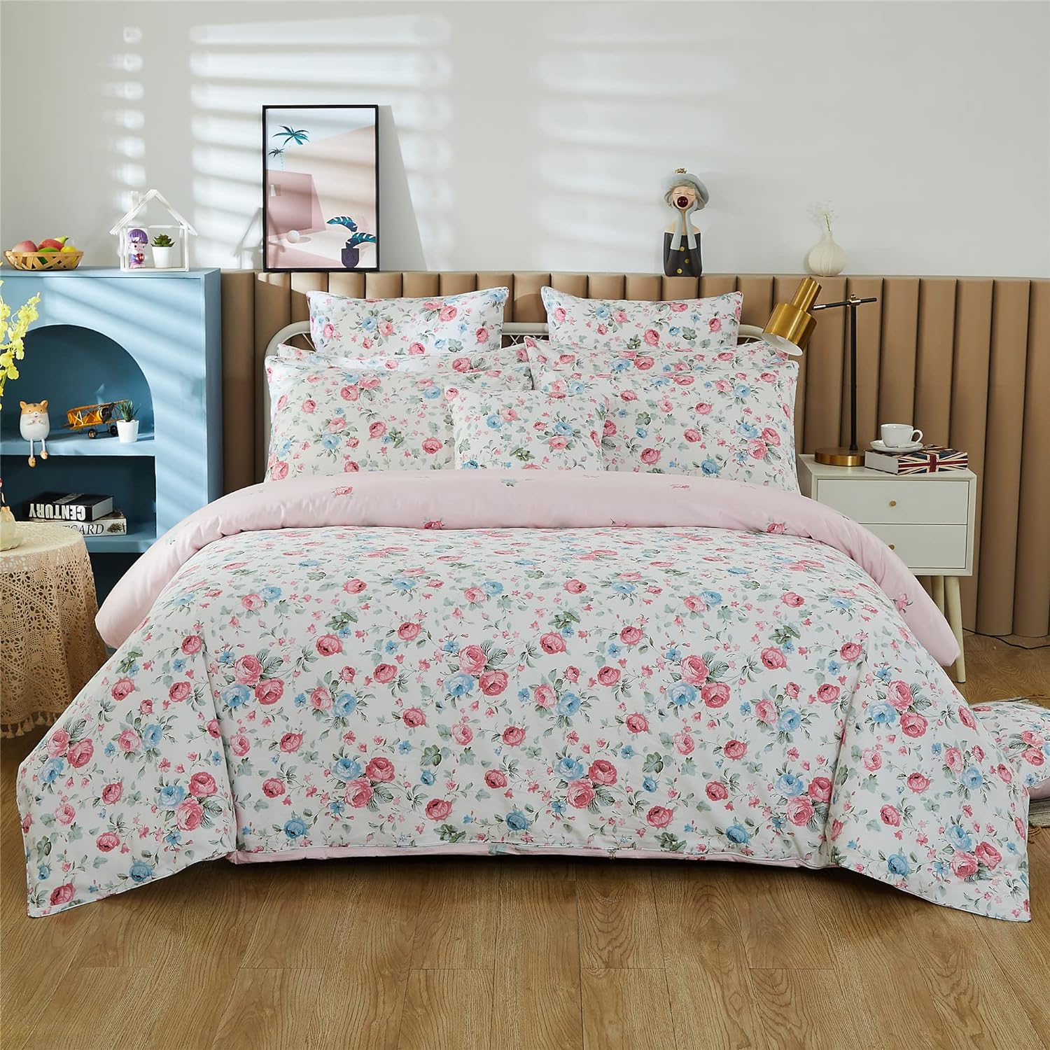 FADFAY Pink Rose Floral Duvet Cover Queen Shabby White Floral Bedding Vintage Rose Flower Girls Bedding Farmhouse Bedding 100% Cotton Comforter Cover Set with Hidden Zipper Closure 3Pcs, Queen Size