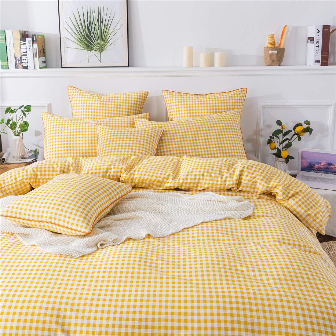 FADFAY Yellow Plaid Duvet Cover Set Queen 100% Cotton Ultra Soft Grid Bedding Reversible Gingham Geometric Checker Bedding Set with Zipper Closure 3Pcs, 1Duvet Cover + 2Pillowcases, Queen Size