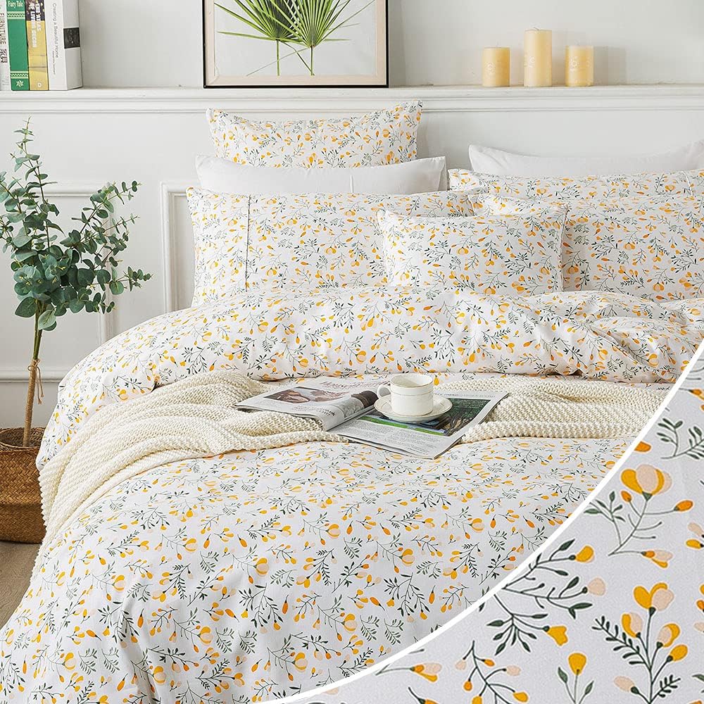FADFAY Queen Duvet Cover Yellow Floral Comforters Cover Set 100% Cotton French Country Bedding Aesthetic Chic Design Soft Cozy Small Flower Bedding with Zipper 3 Piece