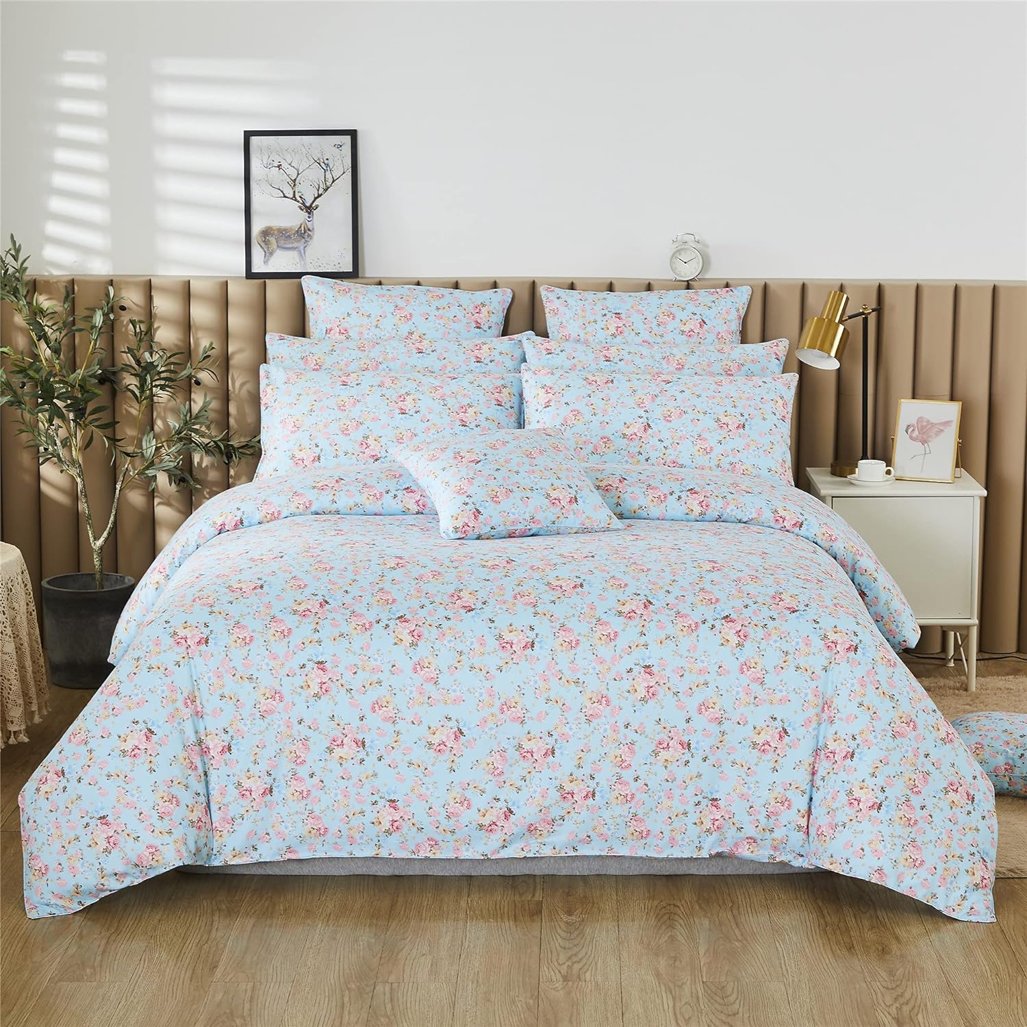 FADFAY Duvet Cover Set Queen Romantic Rose Floral Bedding Shabby Blue Rose Sheets Vintage Farmhouse Bedding 100% Cotton Extra Soft Comforter Cover Set with Zipper Closure 3Pcs, Queen Size