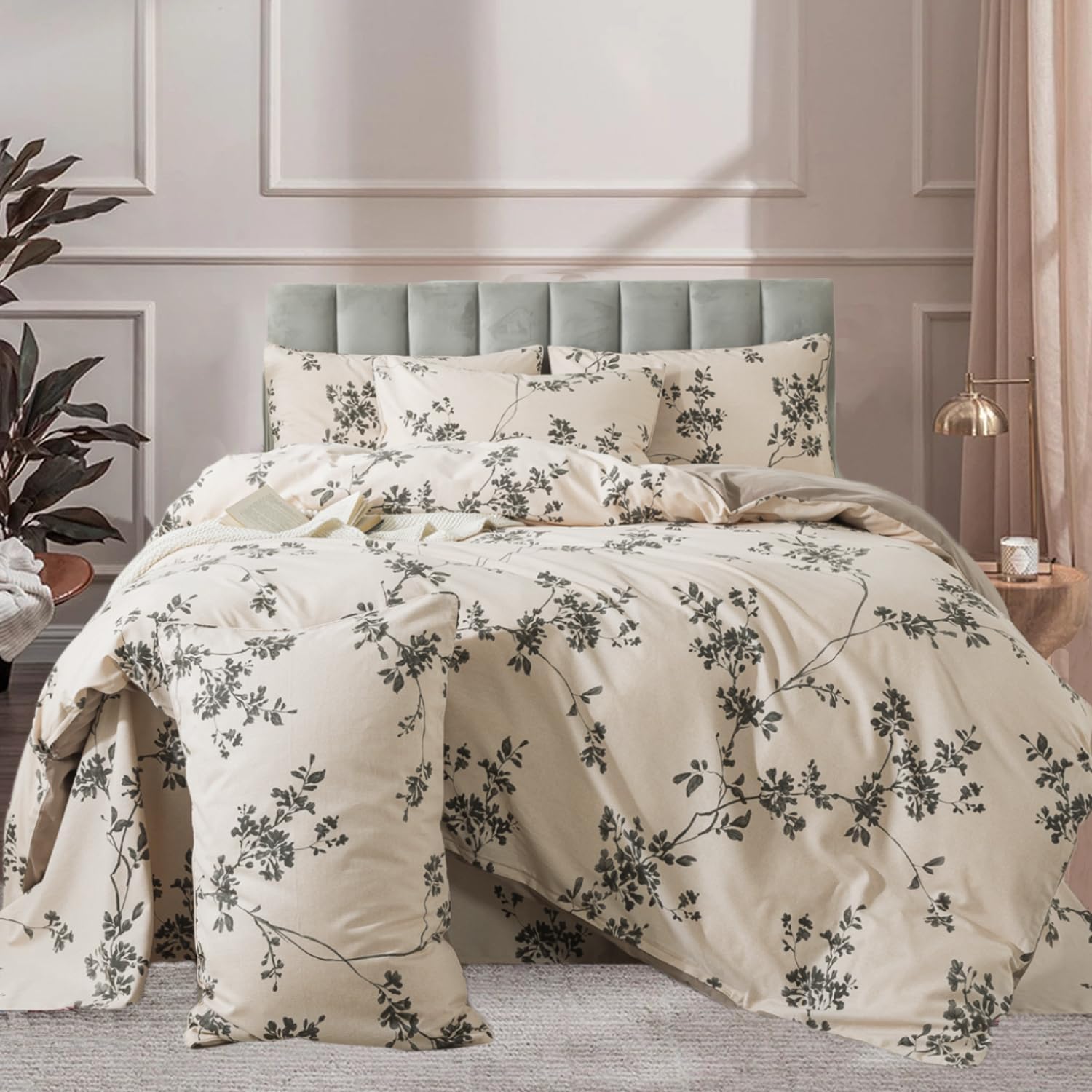 FADFAY Floral Duvet Cover Set Queen Size 100% Brushed Cotton Shabby Branch Flower Pattern Bedding Reversible Brown Vintage Comforter Cover, Soft, Breathable Zipper Closure, 3 Pcs, Queen