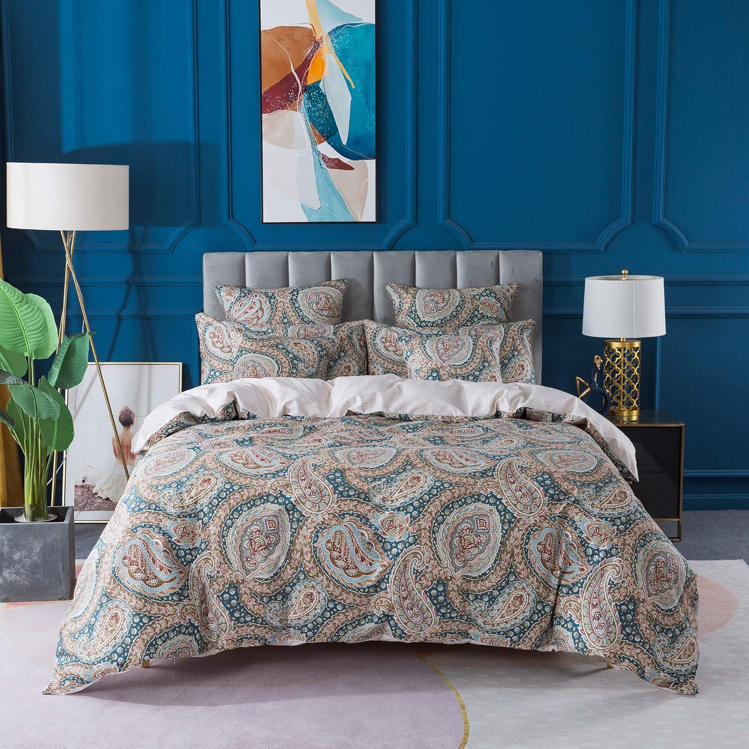 FADFAY Paisley Duvet Cover Set Queen Blue and Beige Reversible Paisley Floral Bedding 100% Cotton Ultra Soft Bedding Set with Hidden Zipper Closure 3Pcs, 1Duvet Cover & 2Pillowcases, Queen Size