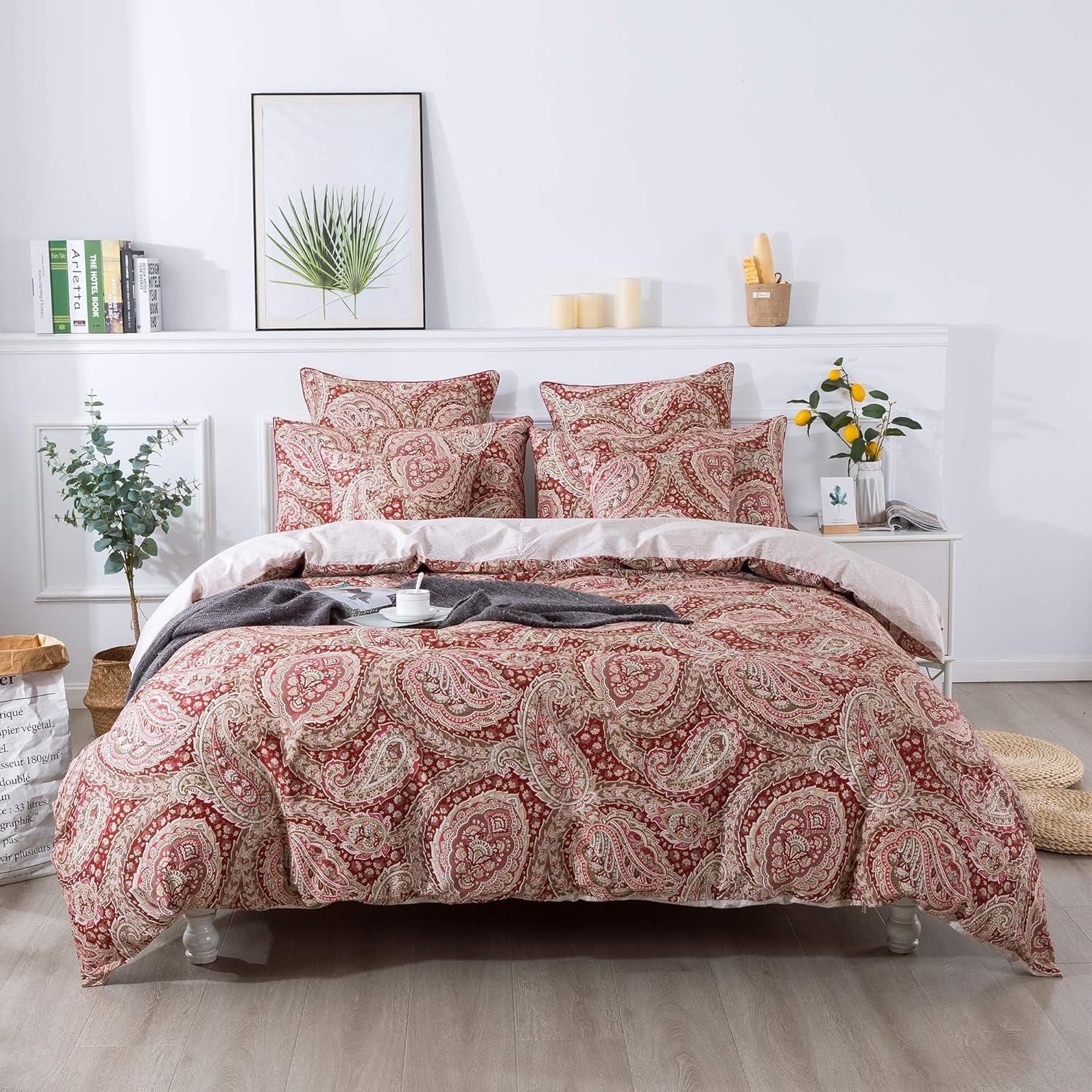 FADFAY Paisley Duvet Cover Set Queen Red and Beige Reversible Paisley Floral Bedding 100% Cotton Ultra Soft Bedding Set with Hidden Zipper Closure 3 Pieces, 1Duvet Cover & 2Pillowcases,Queen Size
