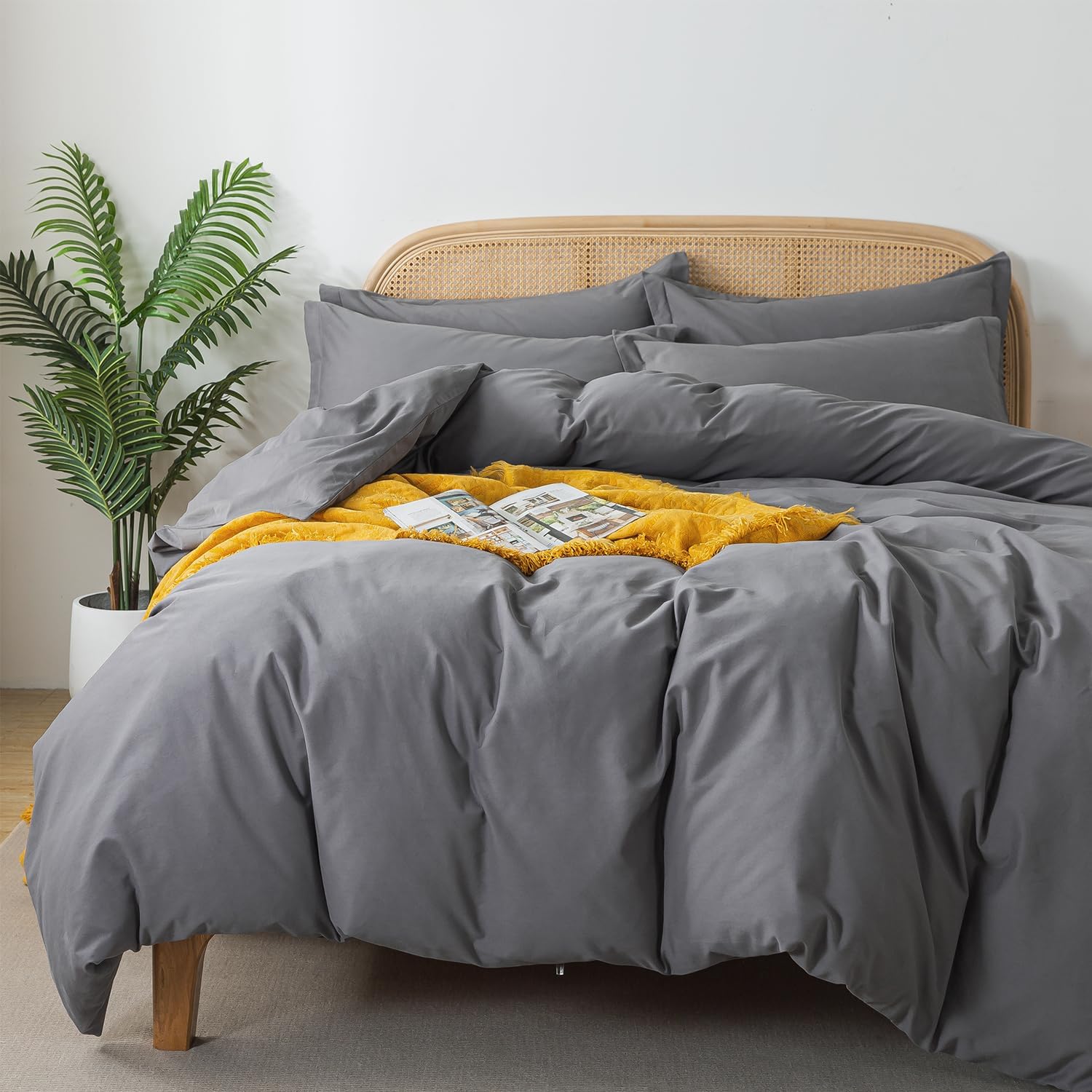 FADFAY Grey Queen Duvet Cover Set 100% Cotton Double Brushed, Soft Breathable Dark Grey Duvet Cover 3 Piece, 1 Duvet Cover with Zipper Closure and 2 Pillow Shams, No Comforter Included