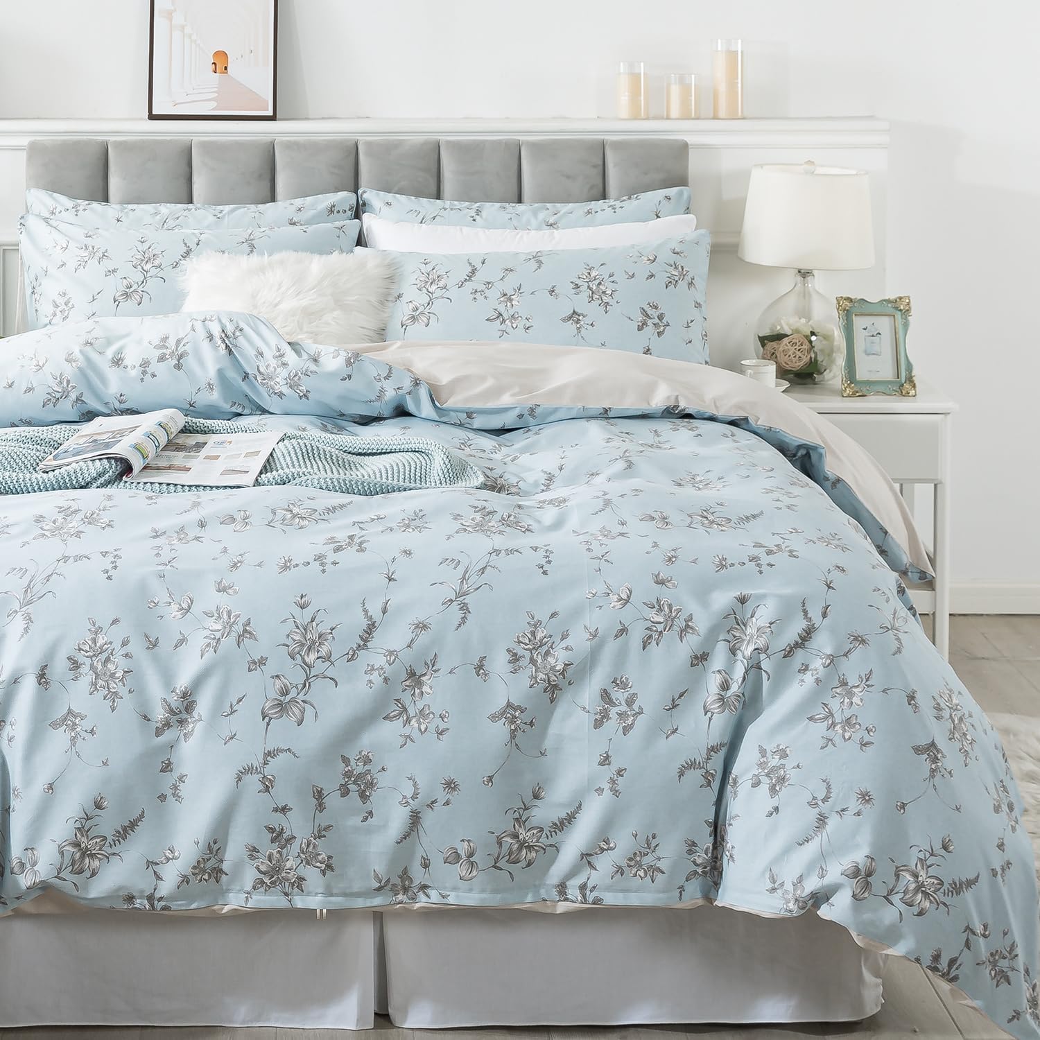 FADFAY Floral Duvet Cover Sets Queen 100% Cotton Blue & Grey Vintage Flower Patterned Comforter Cover French Country Bedding for All Season Soft Crisp Reversible Bed Cover with Zipper 3Pcs, Queen