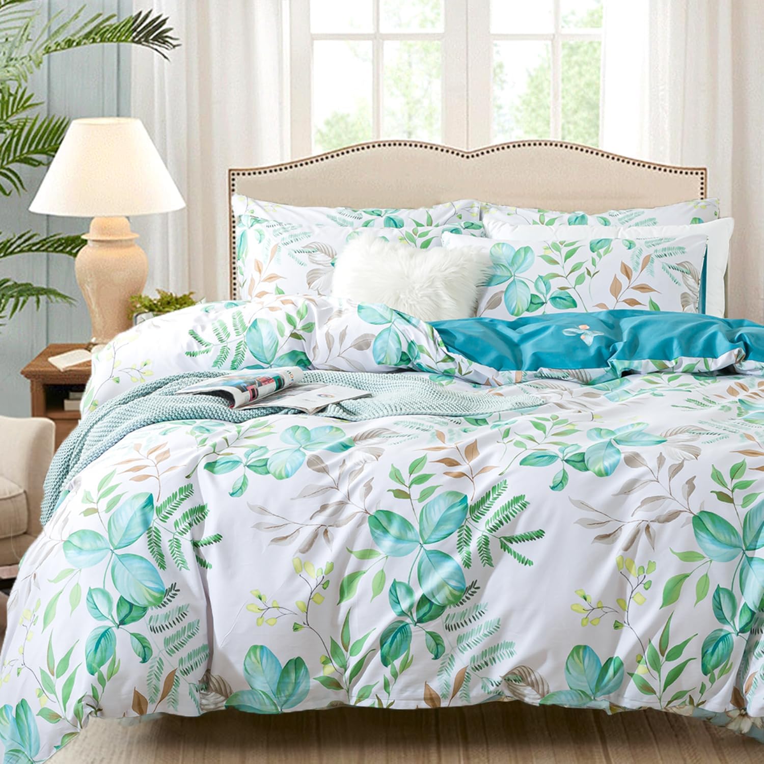 FADFAY Botanical Duvet Cover Sets Queen Size 100% Cotton Teal Green Leaves Patterned Comforter Cover Aesthetic Bedding for All Season Soft Crisp Modern Bed Cover with Zipper 3 Pcs, Queen
