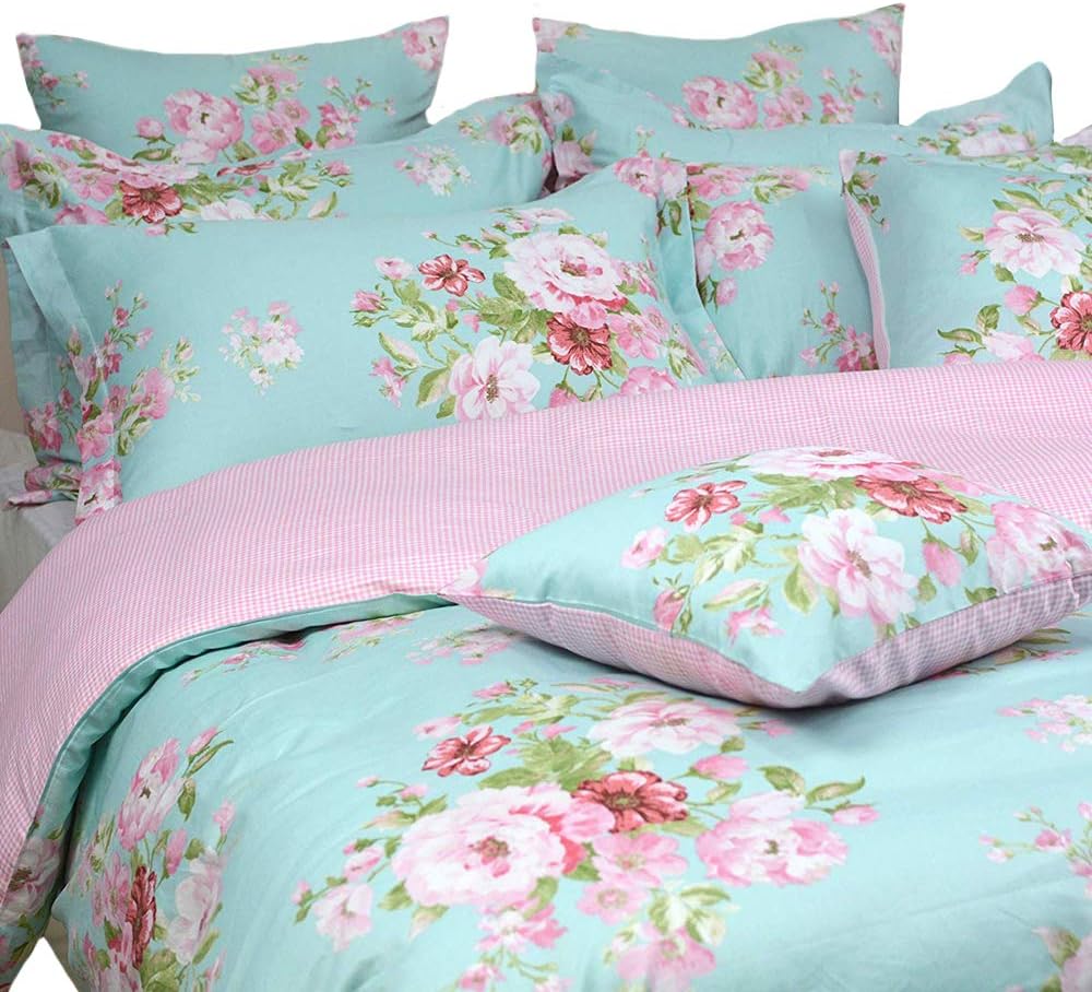 FADFAY Shabby Floral Duvet Cover Set Pink Grid Cotton Farmhouse Bedding with Hidden Zipper Closure 3 Pieces, 1duvet Cover & 2pillowcases,Queen Size
