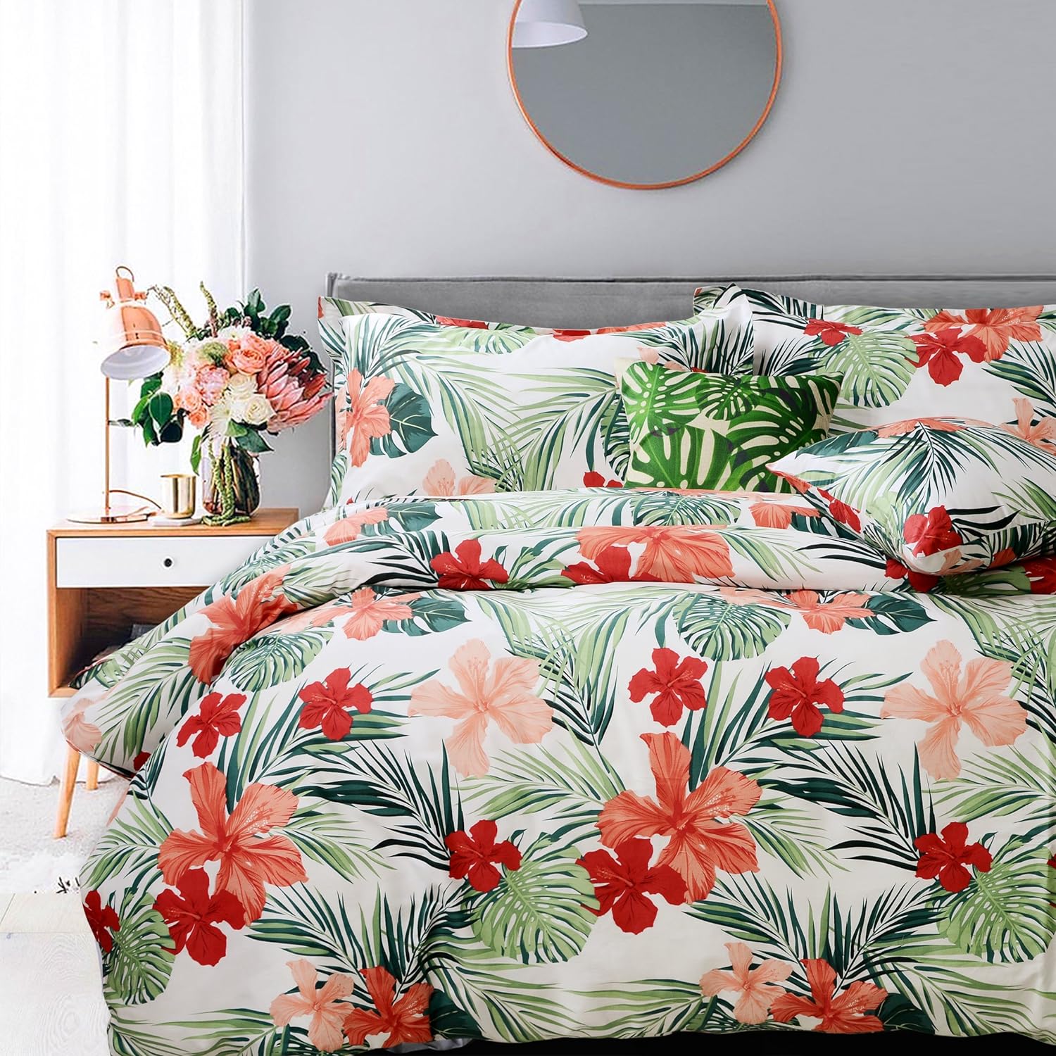 FADFAY Tropical Red Hibiscus Palm Leaves Duvet Cover Set Super Soft Summer Bedding 100% Cotton Soft with Hidden Zipper Closure Queen Size 3-Pieces