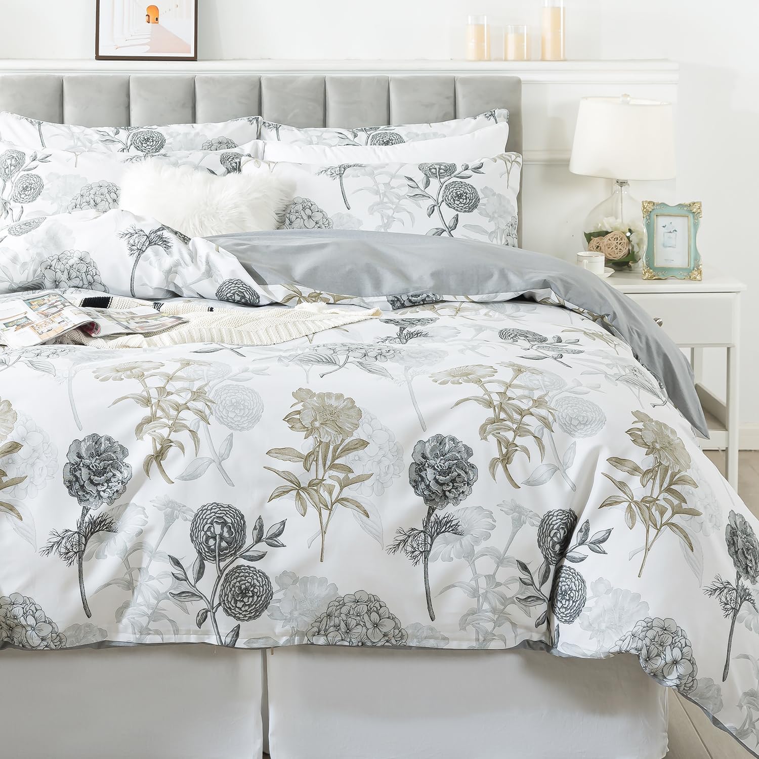 FADFAY Floral Duvet Cover Sets Queen Size 100% Cotton Ink Grey Vintage Flower Patterned Hydrangea Comforter Cover Farmhouse Bedding for All Season Soft Crisp Luxury Bed Cover with Zipper 3 Pieces